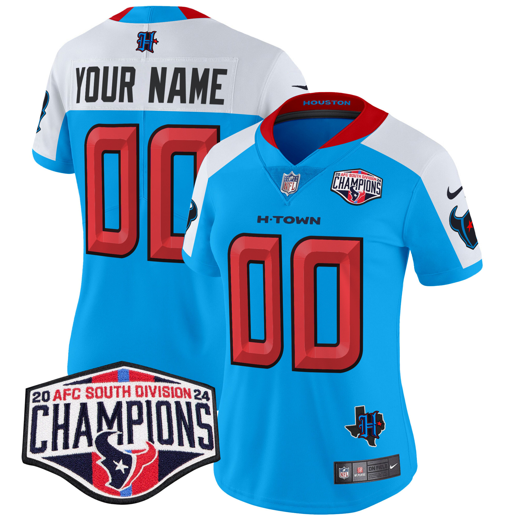Women's Houston Texans 2024 AFC South Division Champions Patch Vapor Limited Custom Blue Alternate Jersey - All Stitched