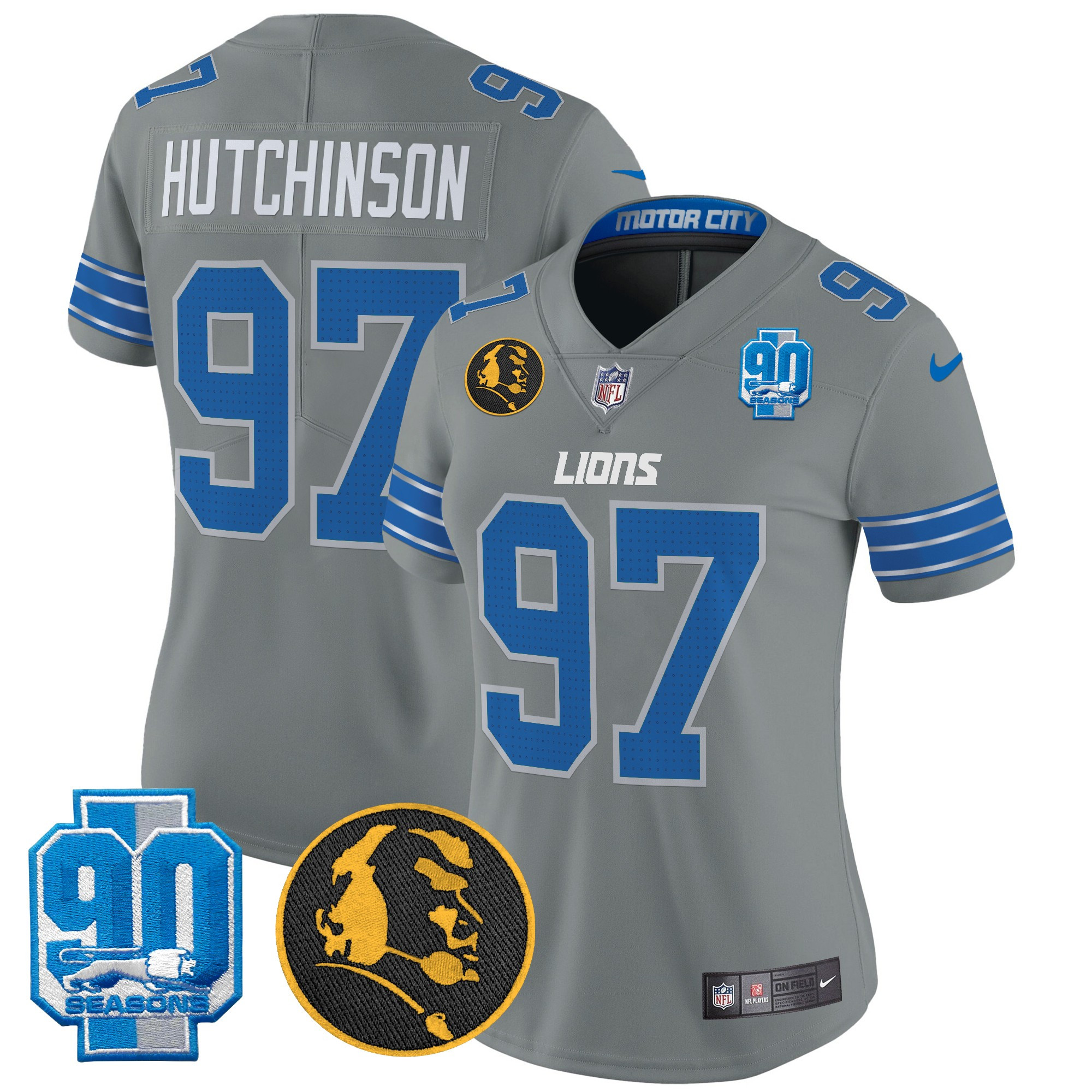 Women's Hutchinson Detroit Lions 2024 90th & John Madden Patch Vapor Limited Gray Jersey - All Stitched