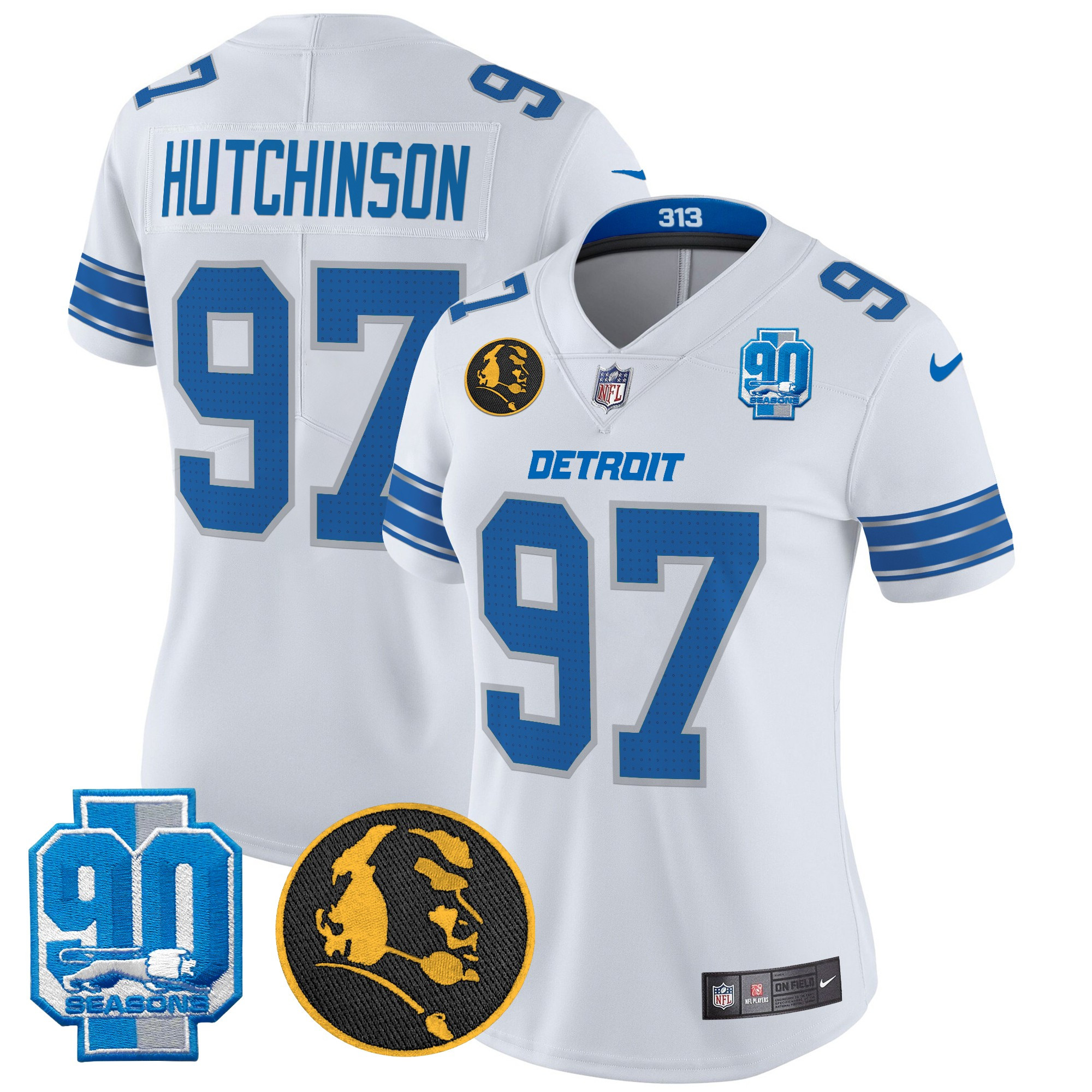 Women's Hutchinson Detroit Lions 2024 90th & John Madden Patch Vapor Limited White Jersey - All Stitched