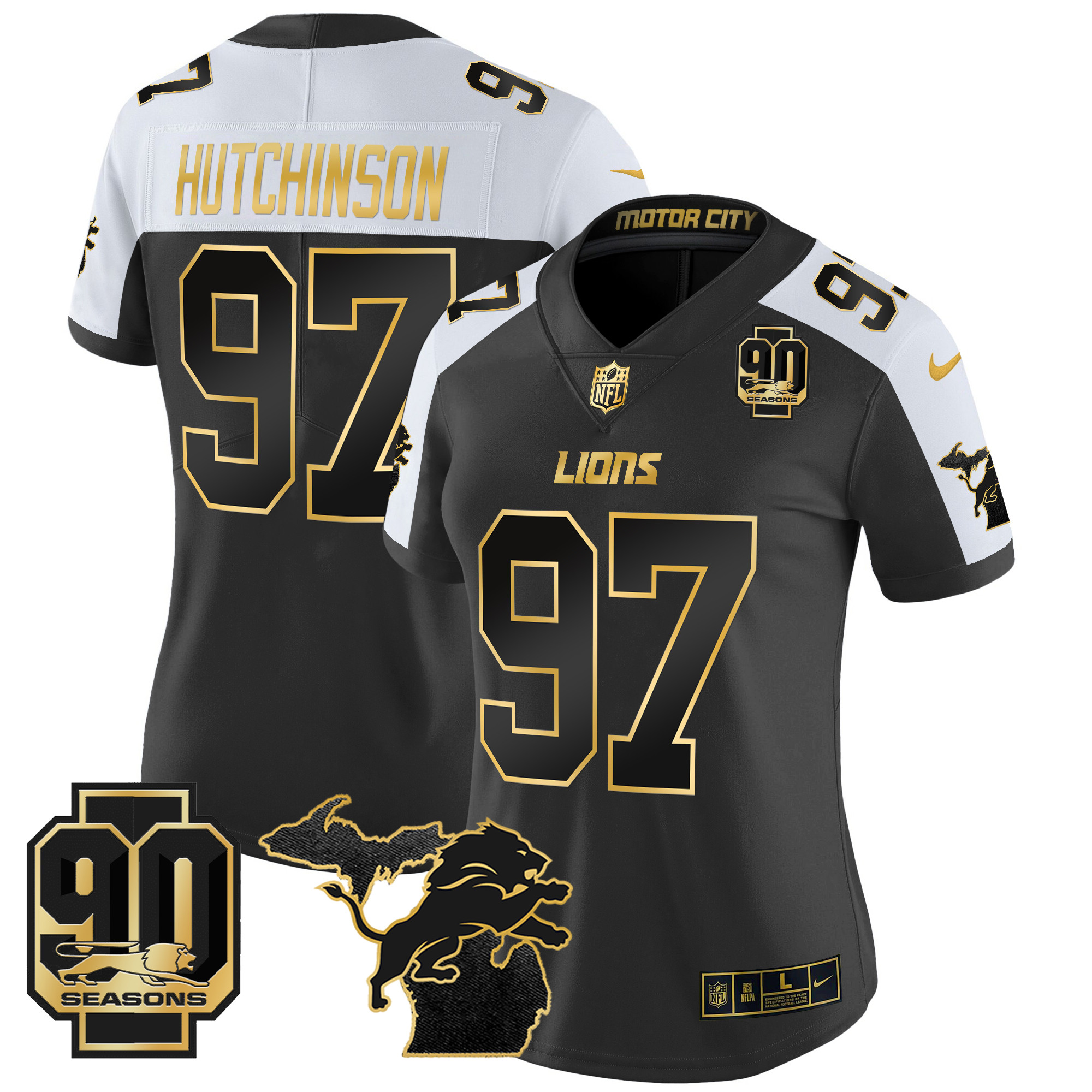 Women's Hutchinson Detroit Lions 2024 Michigan & 90th Year Patch Gold Vapor Limited Alternate Jersey - All Stitched
