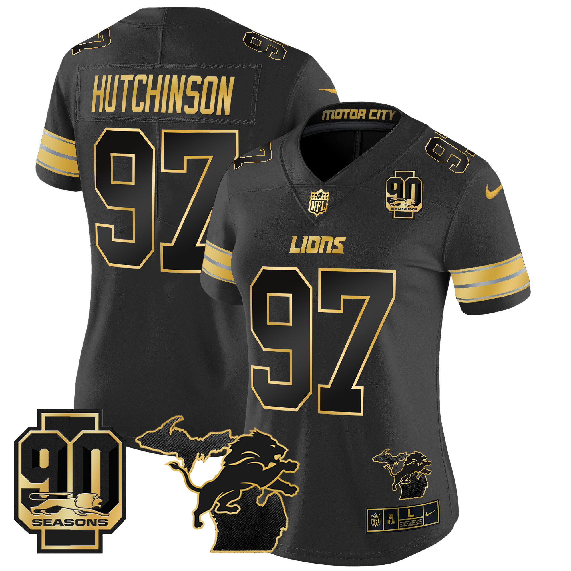 Women's Hutchinson Detroit Lions 2024 Michigan & 90th Year Patch Gold Vapor Limited Black Gold Jersey - All Stitched