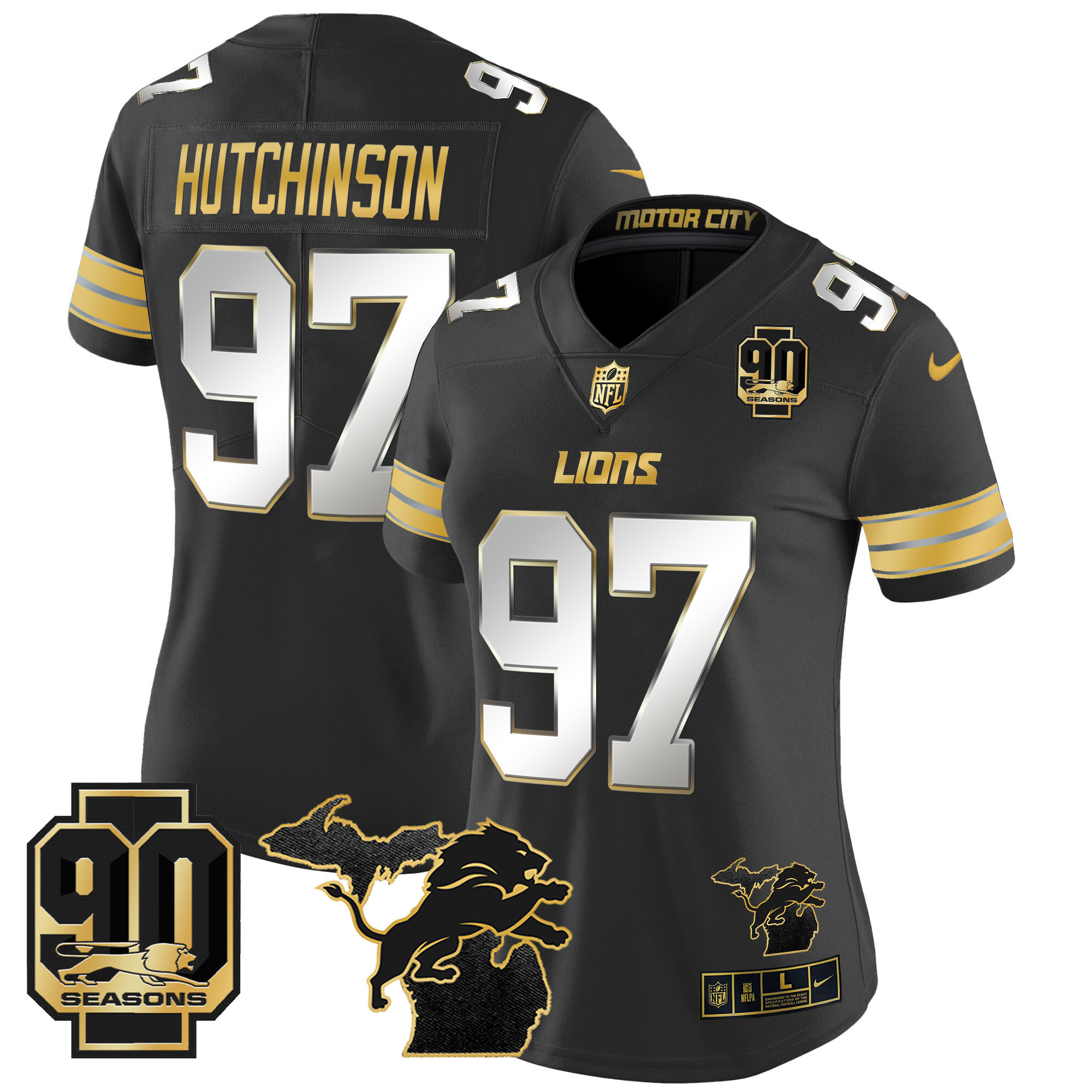 Women's Hutchinson Detroit Lions 2024 Michigan & 90th Year Patch Gold Vapor Limited Black Limited Jersey - All Stitched