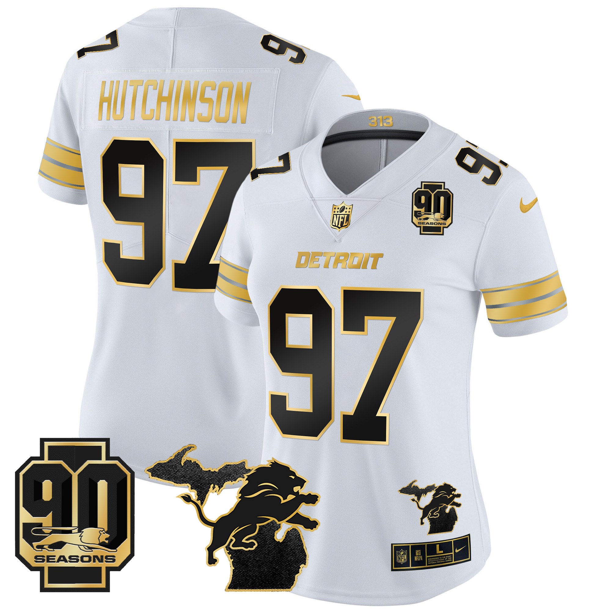 Women's Hutchinson Detroit Lions 2024 Michigan & 90th Year Patch Gold Vapor Limited White Gold Jersey - All Stitched