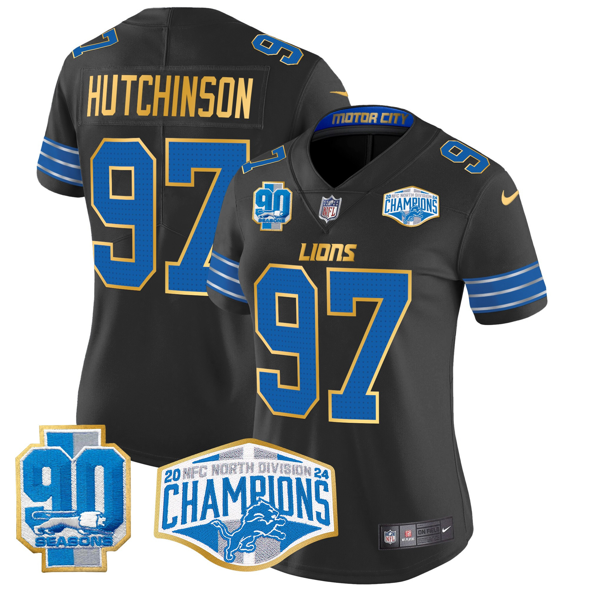 Women's Hutchinson Detroit Lions 2024 NFC North Division Champions Patch Gold Trim Vapor Limited Black Jersey - All Stitched