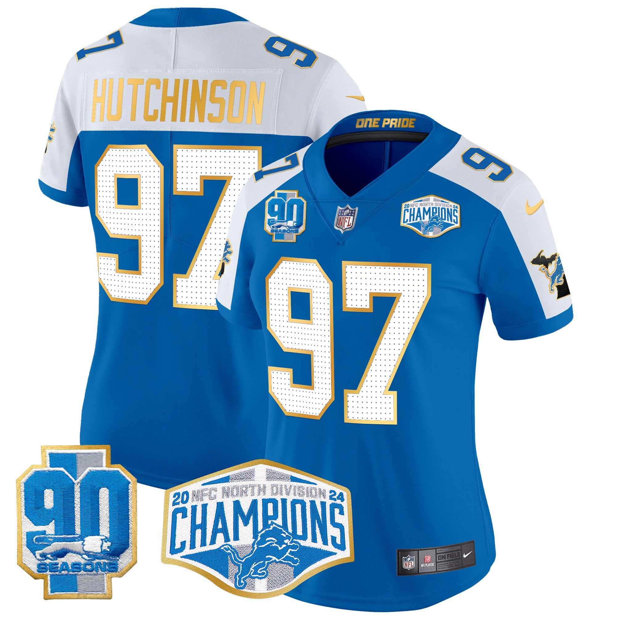 Women's Hutchinson Detroit Lions 2024 NFC North Division Champions Patch Gold Trim Vapor Limited Blue Alternate Jersey - All Stitched