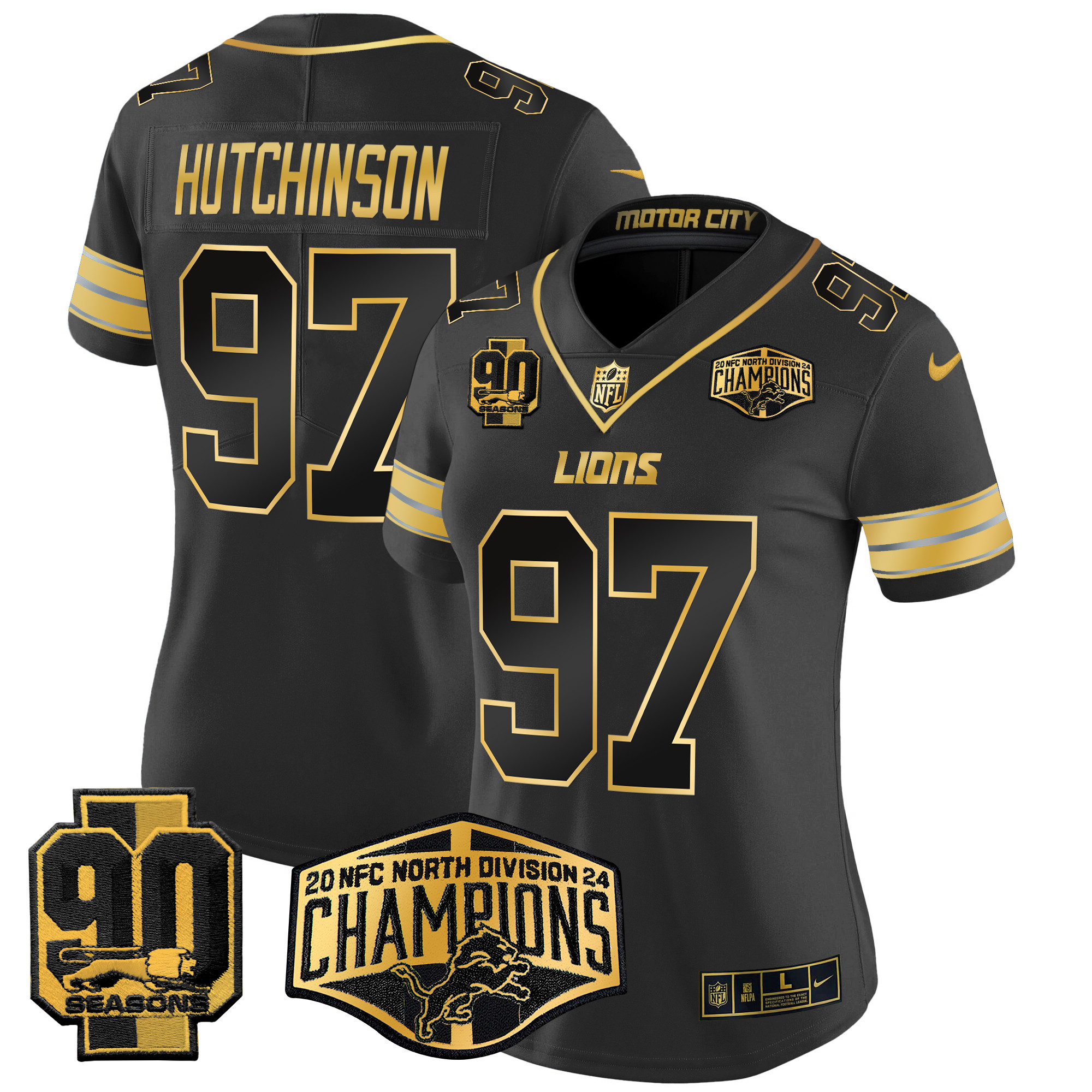 Women's Hutchinson Detroit Lions 2024 NFC North Division Champions Patch Gold Vapor Limited Black Gold Jersey - All Stitched
