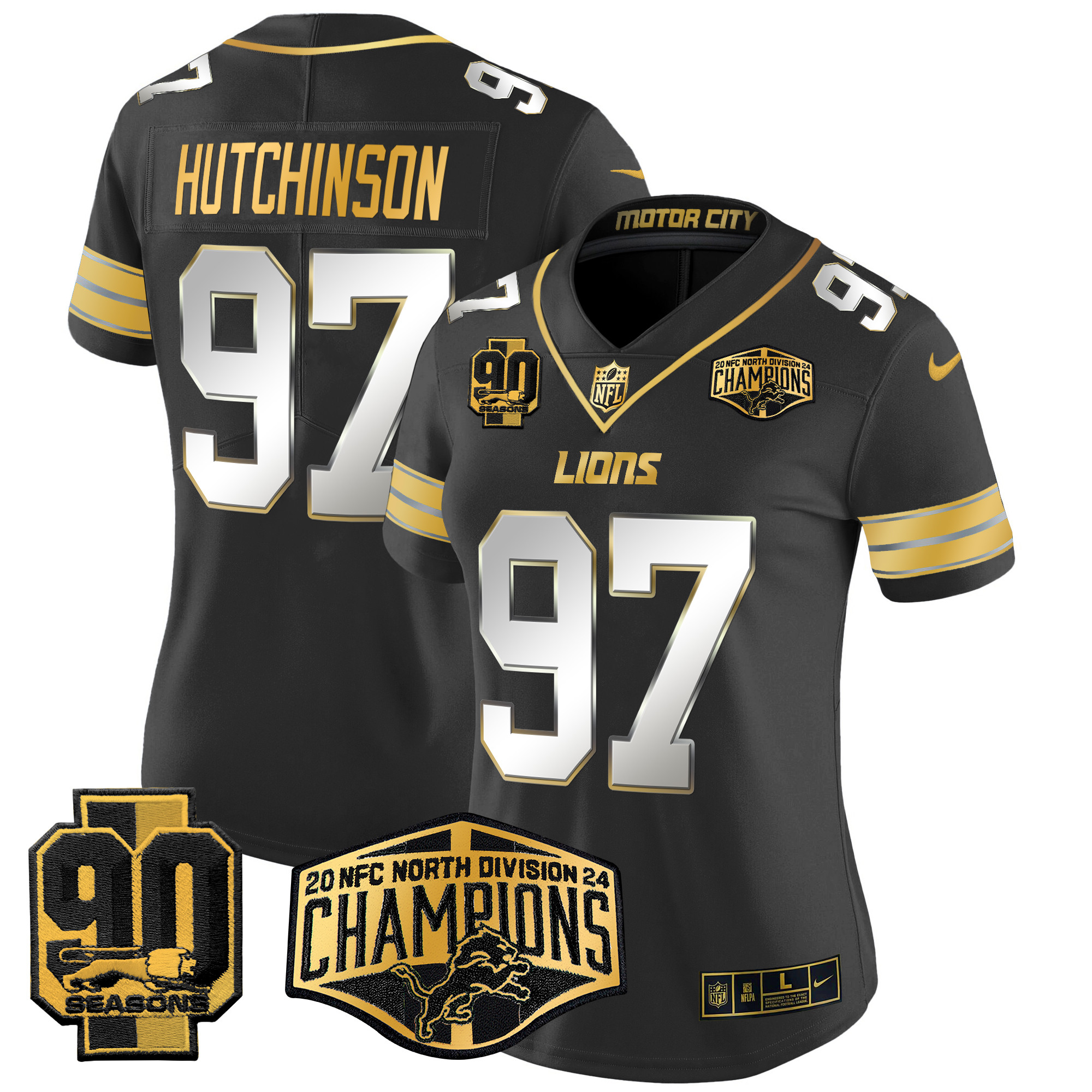 Women's Hutchinson Detroit Lions 2024 NFC North Division Champions Patch Gold Vapor Limited Black Limited Jersey - All Stitched