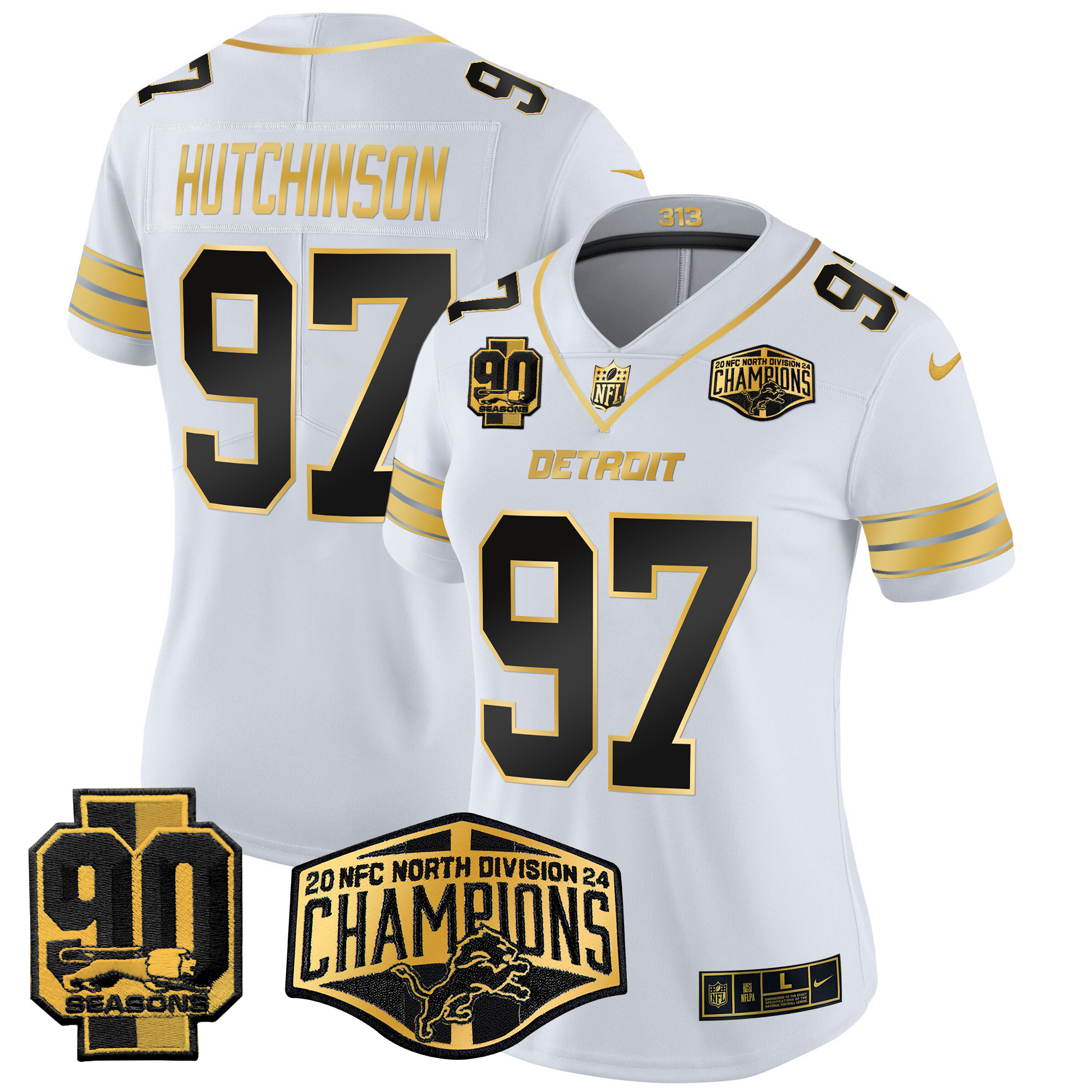 Women's Hutchinson Detroit Lions 2024 NFC North Division Champions Patch Gold Vapor Limited White Gold Jersey - All Stitched