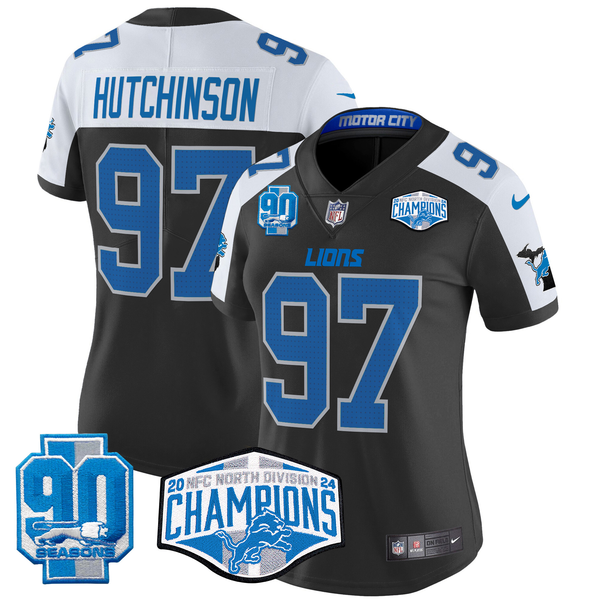 Women's Hutchinson Detroit Lions 2024 NFC North Division Champions Patch Vapor Limited Black Alternate Jersey - All Stitched