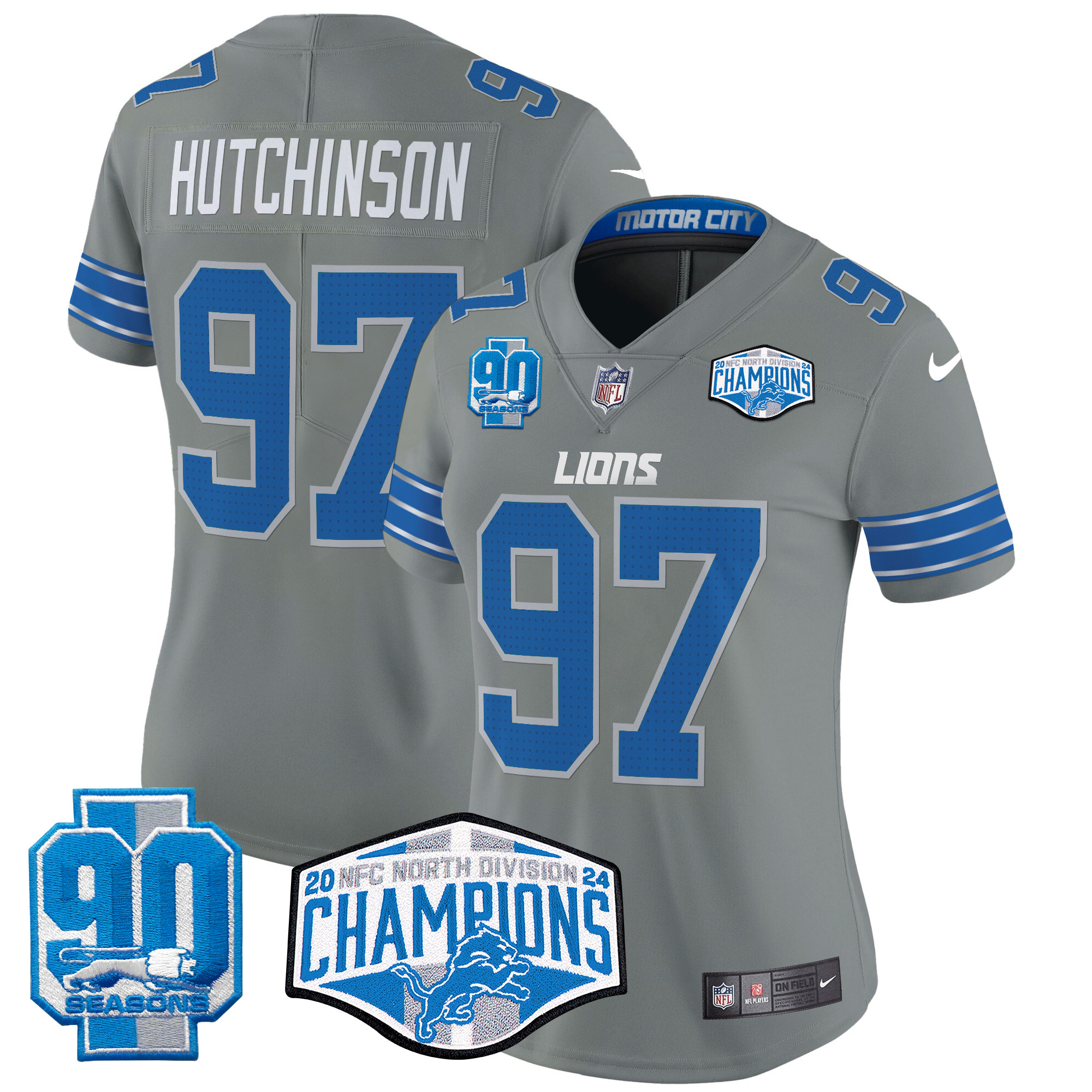 Women's Hutchinson Detroit Lions 2024 NFC North Division Champions Patch Vapor Limited Gray Jersey - All Stitched