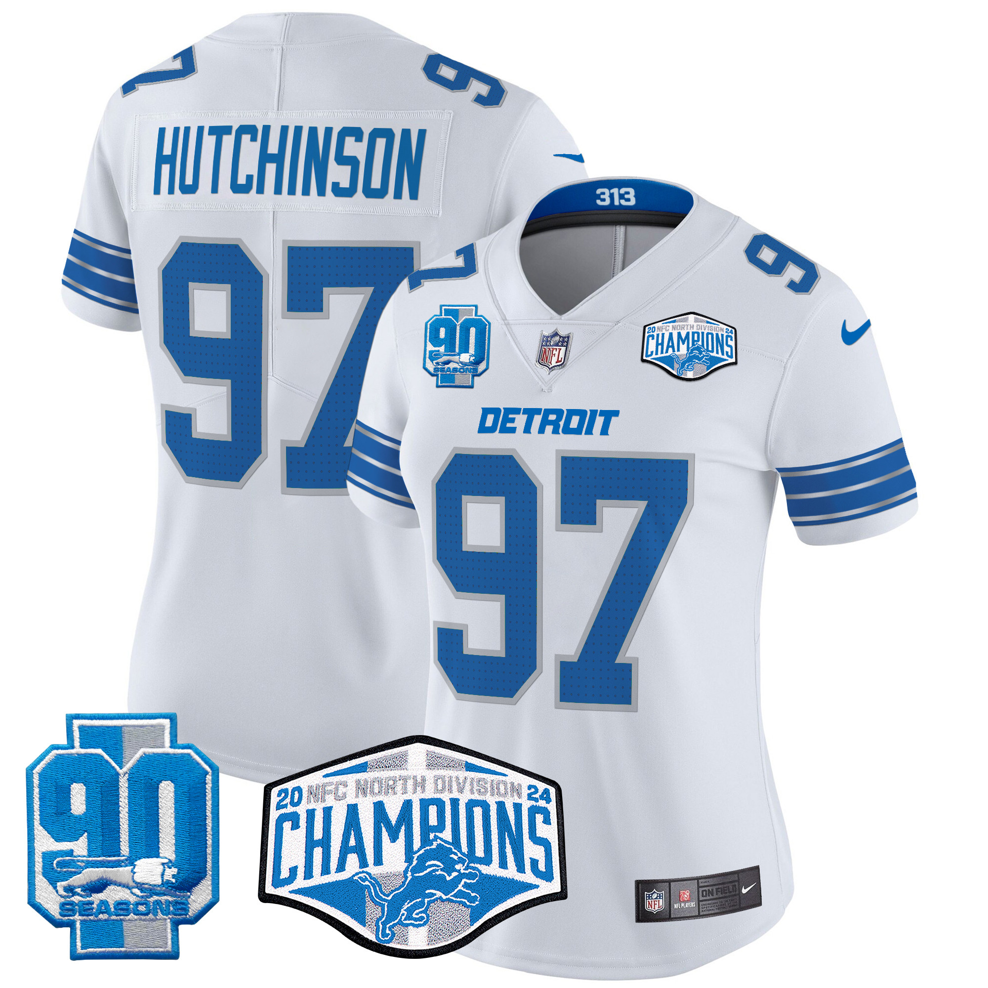 Women's Hutchinson Detroit Lions 2024 NFC North Division Champions Patch Vapor Limited White Jersey - All Stitched