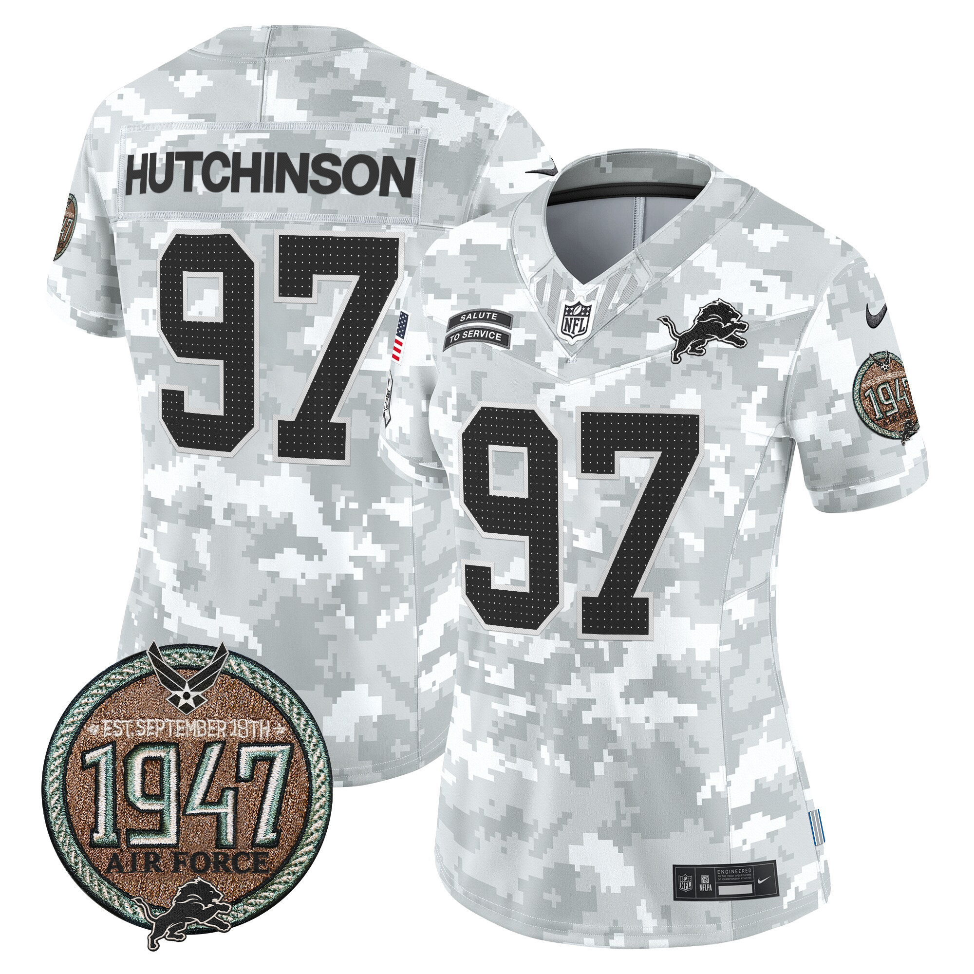 Women's Hutchinson Detroit Lions 2024 Salute to Service Establishment Year Patch Vapor Limited Air Force Jersey - All Stitched