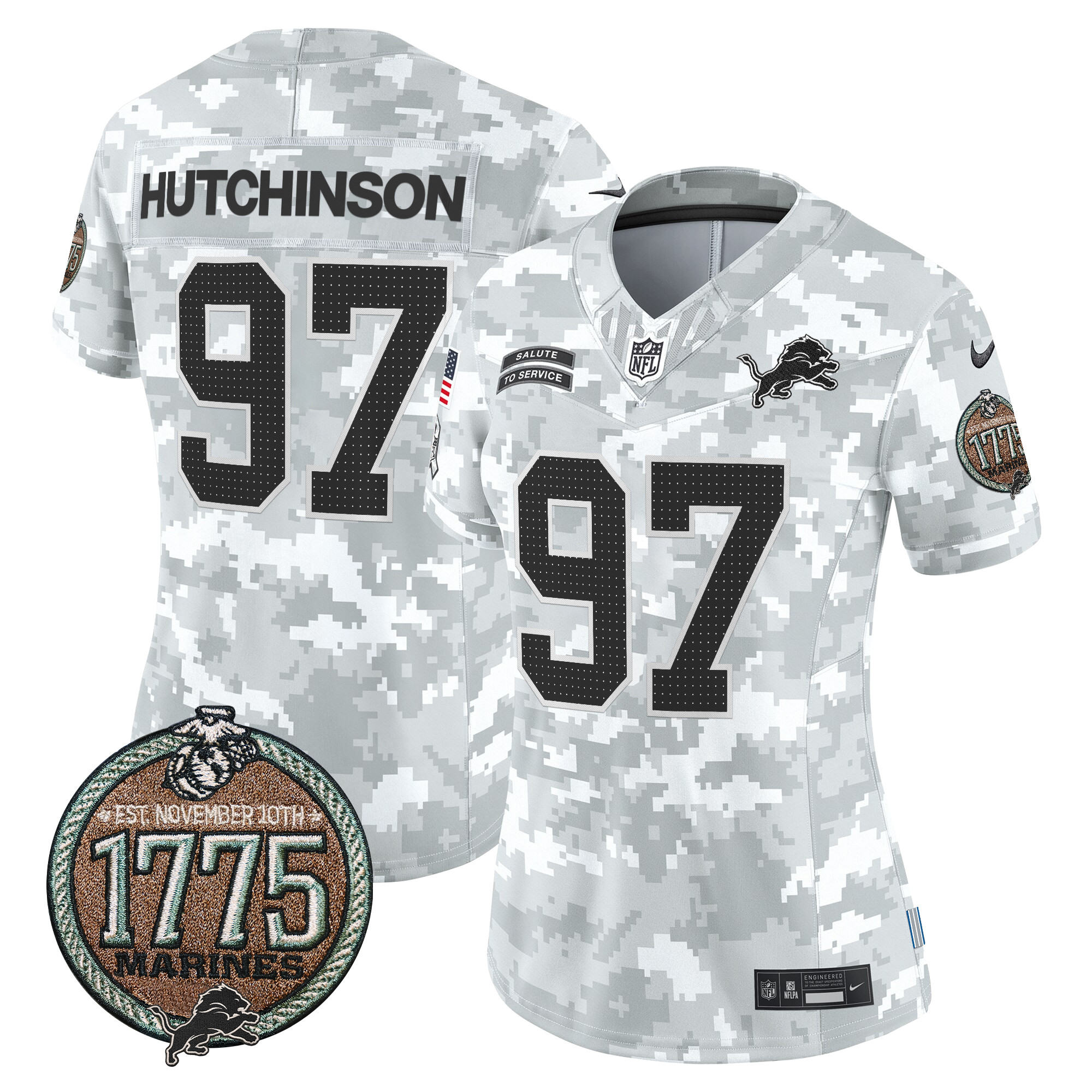 Women's Hutchinson Detroit Lions 2024 Salute to Service Establishment Year Patch Vapor Limited Marines Jersey - All Stitched