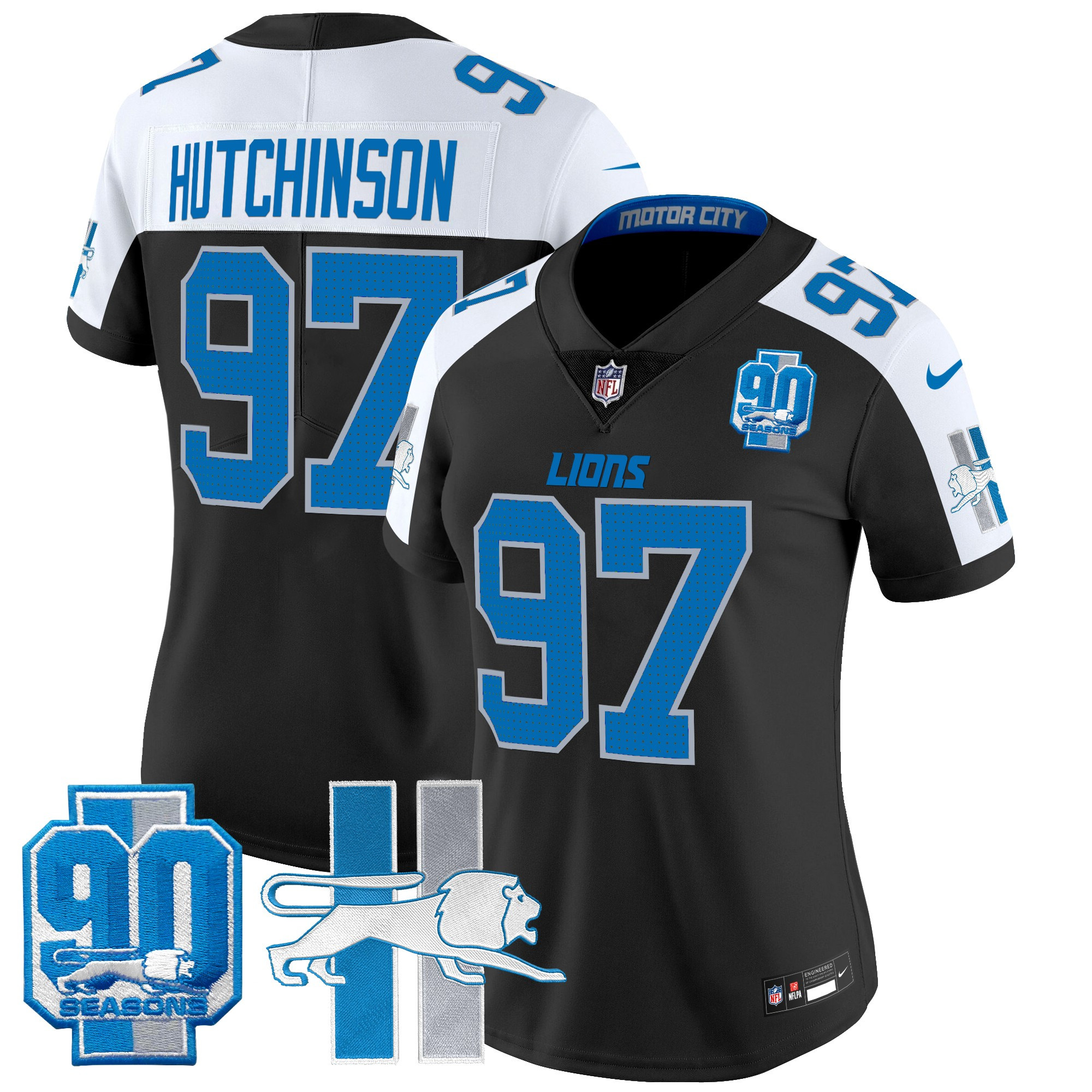 Women's Hutchinson Detroit Lions Throwback 90th Year Patch Vapor Limited Black Alternate Jersey - All Stitched