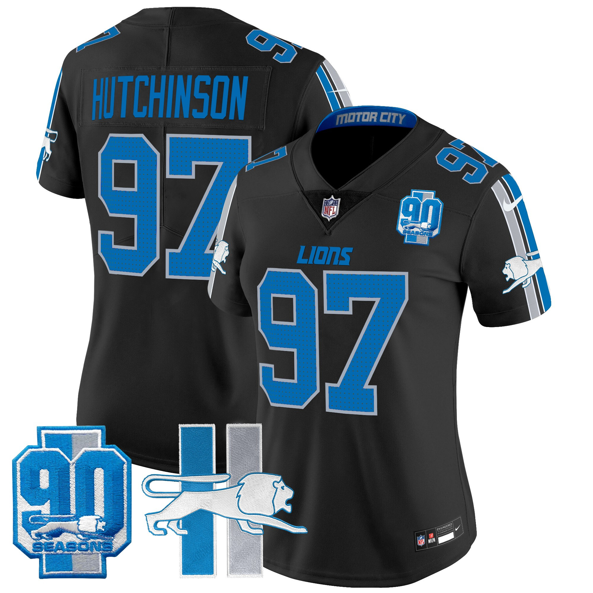 Women's Hutchinson Detroit Lions Throwback 90th Year Patch Vapor Limited Black Jersey - All Stitched