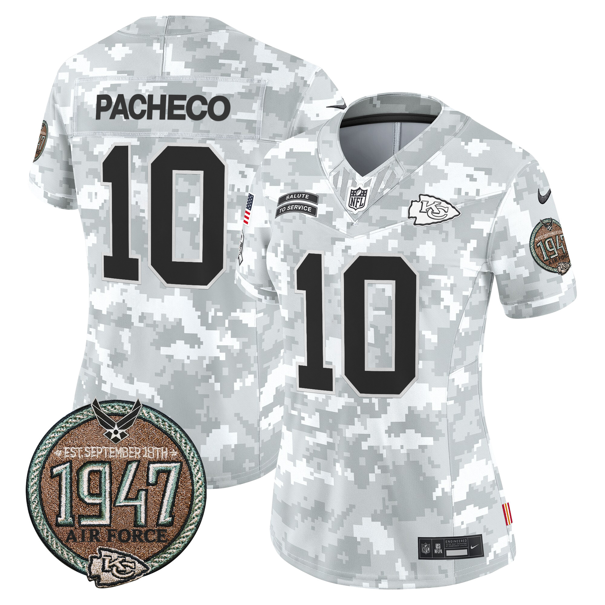 Women's Isiah Pacheco Kansas City Chiefs 2024 Salute to Service Establishment Year Patch Vapor Limited Air Force Jersey - All Stitched