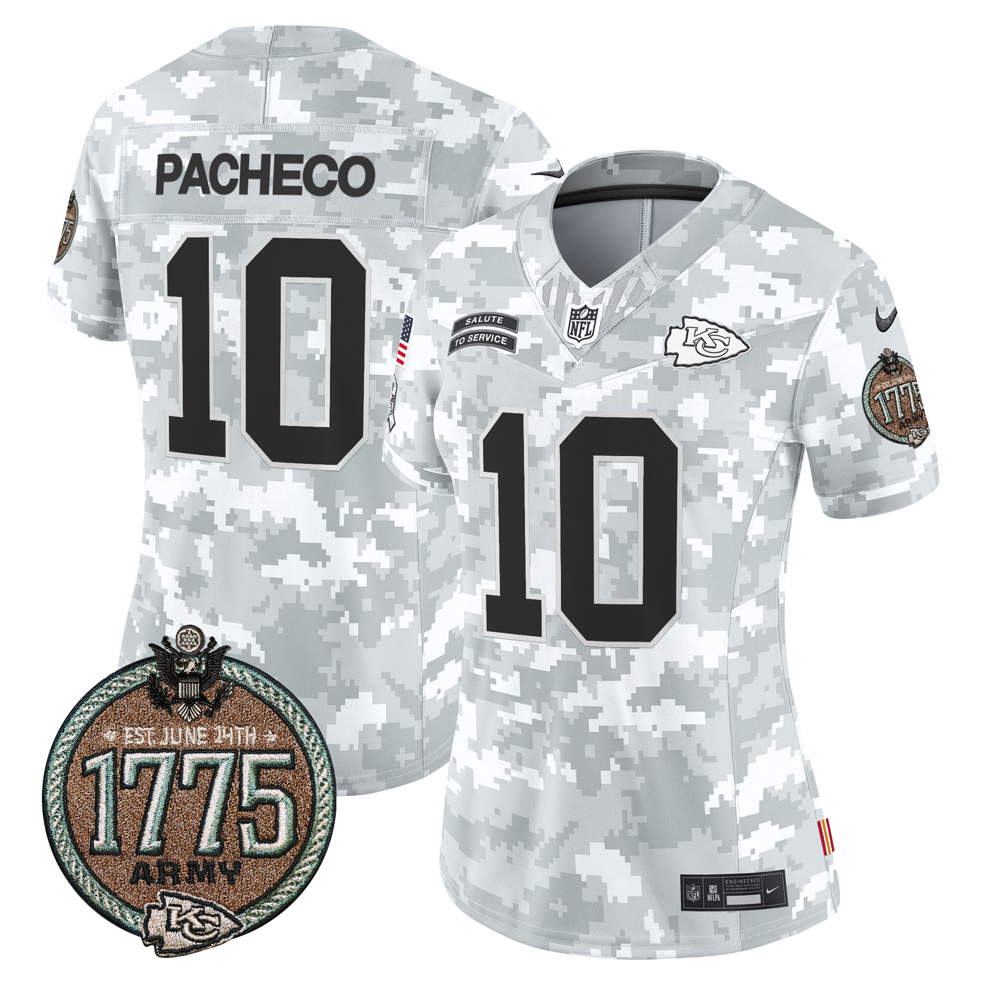 Women's Isiah Pacheco Kansas City Chiefs 2024 Salute to Service Establishment Year Patch Vapor Limited Army Jersey - All Stitched