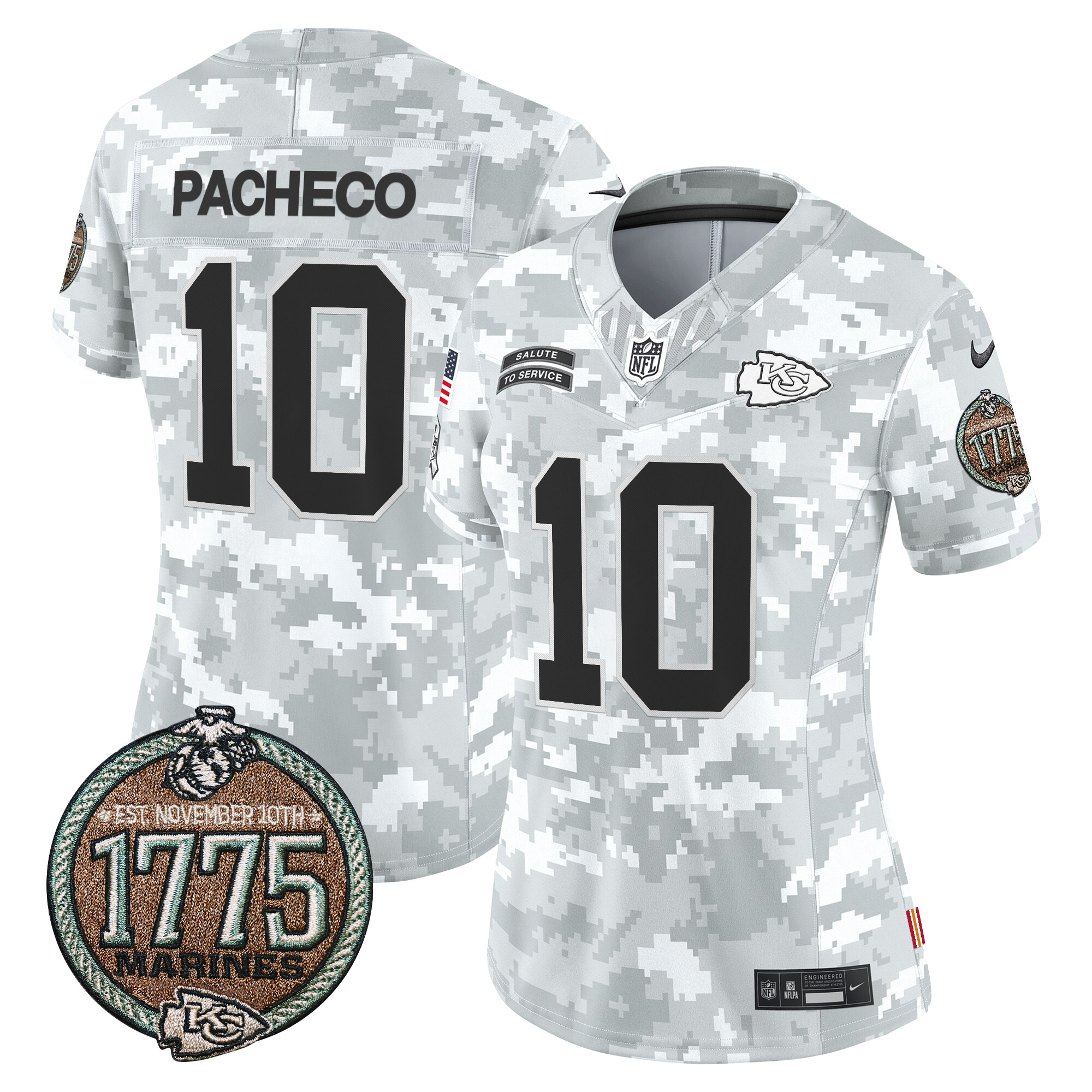Women's Isiah Pacheco Kansas City Chiefs 2024 Salute to Service Establishment Year Patch Vapor Limited Marines Jersey - All Stitched