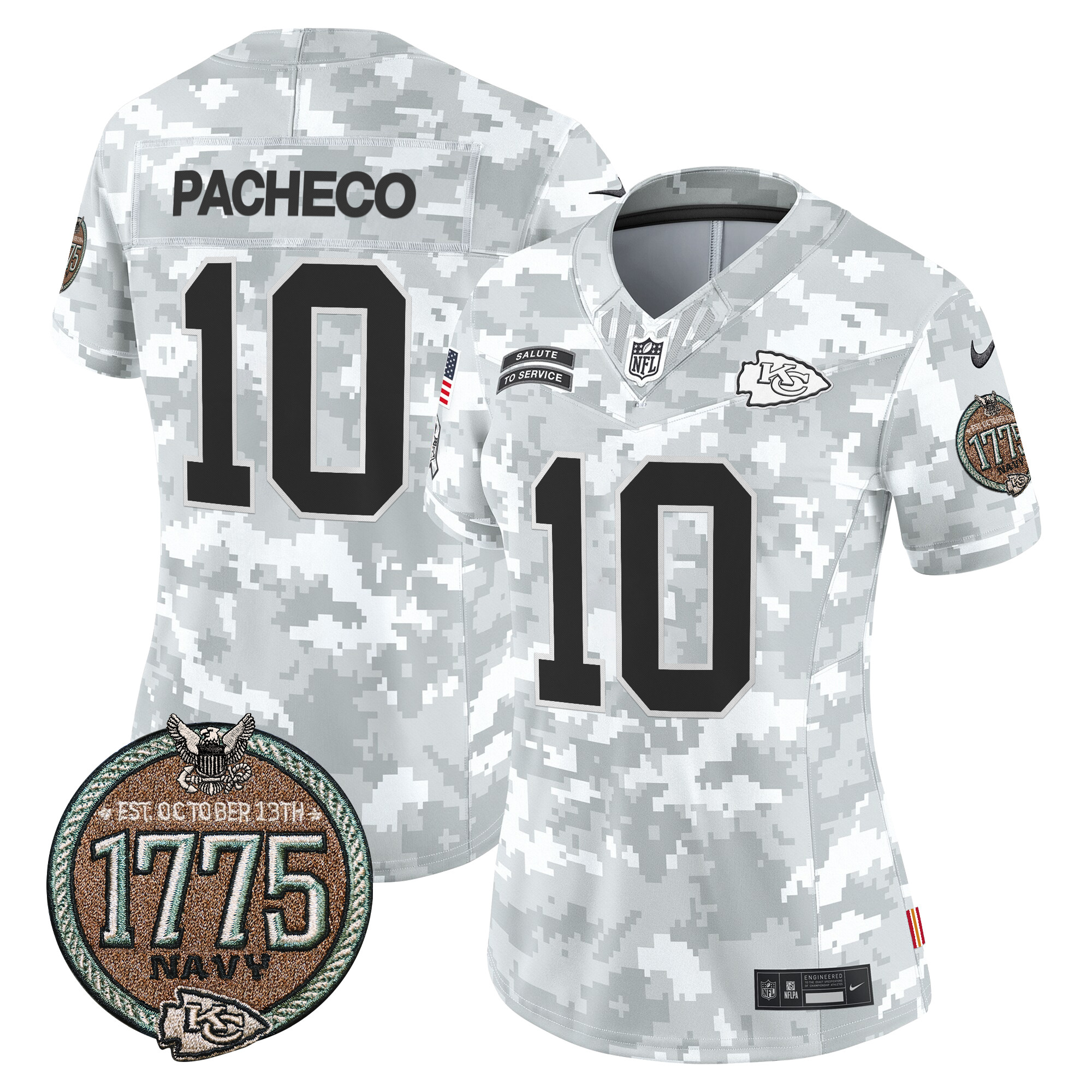 Women's Isiah Pacheco Kansas City Chiefs 2024 Salute to Service Establishment Year Patch Vapor Limited Navy Jersey - All Stitched