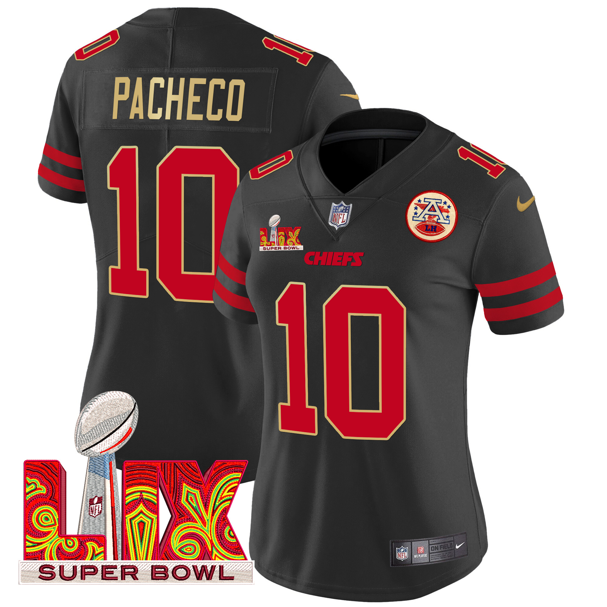 Women's Isiah Pacheco Kansas City Chiefs Super Bowl LIX Patch Gold Trim Vapor Limited Black Jersey - All Stitched