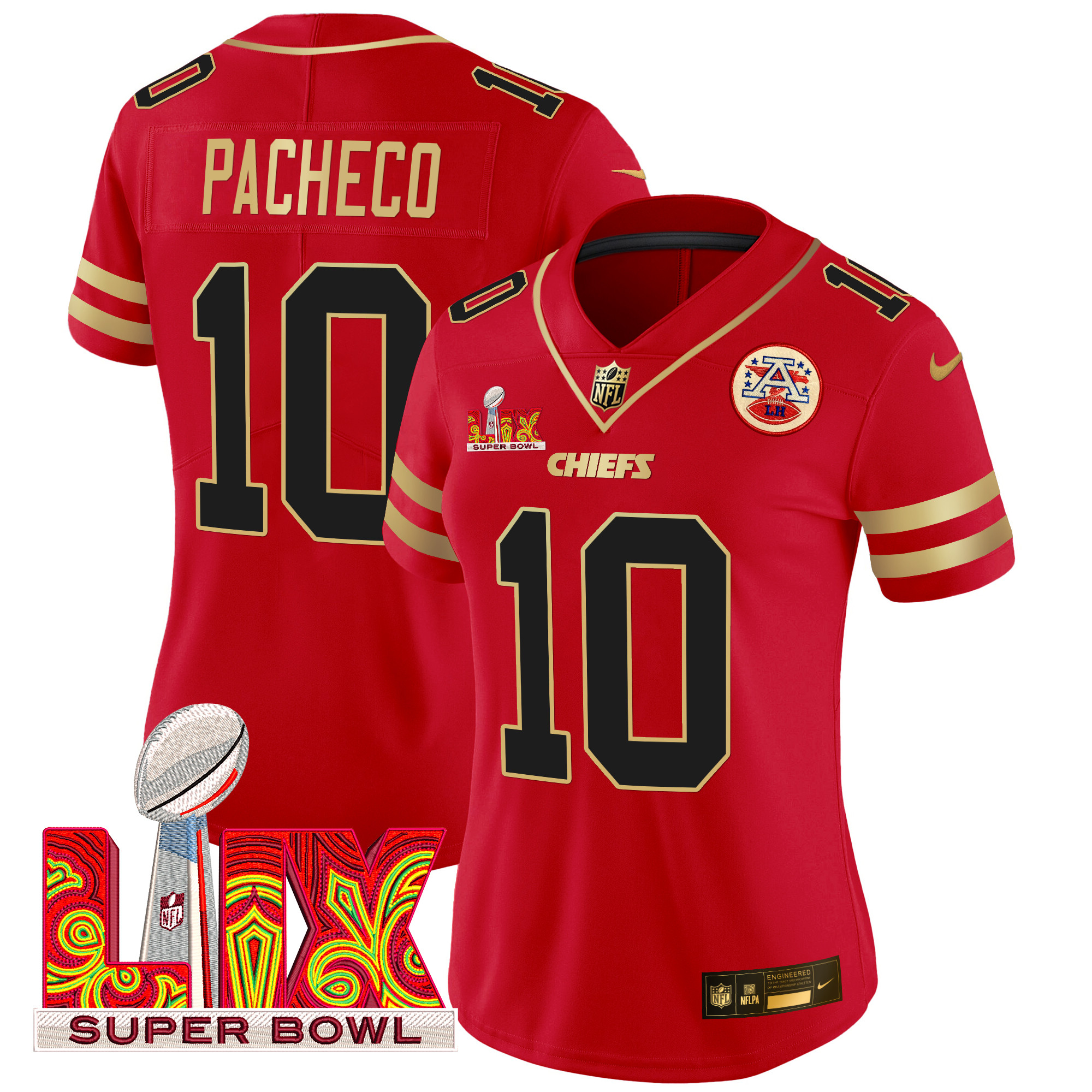 Women's Isiah Pacheco Kansas City Chiefs Super Bowl LIX Patch Gold Trim Vapor Limited Red Jersey - All Stitched