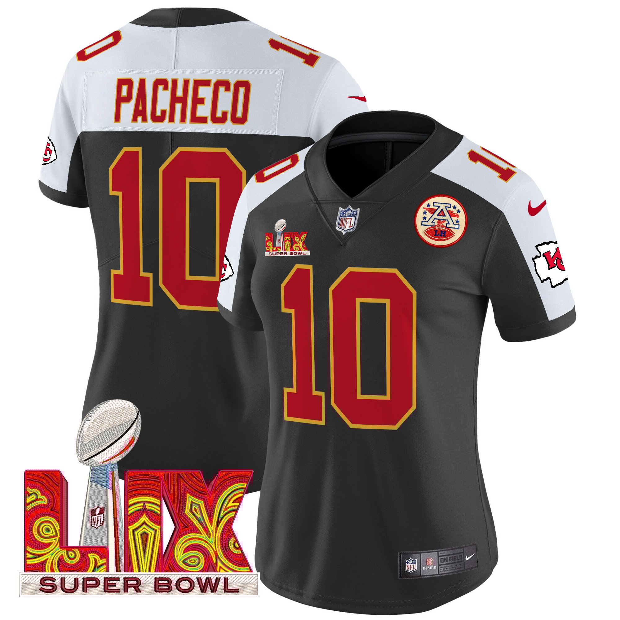 Women's Isiah Pacheco Kansas City Chiefs Super Bowl LIX Patch Vapor Limited Black Alternate Jersey - All Stitched