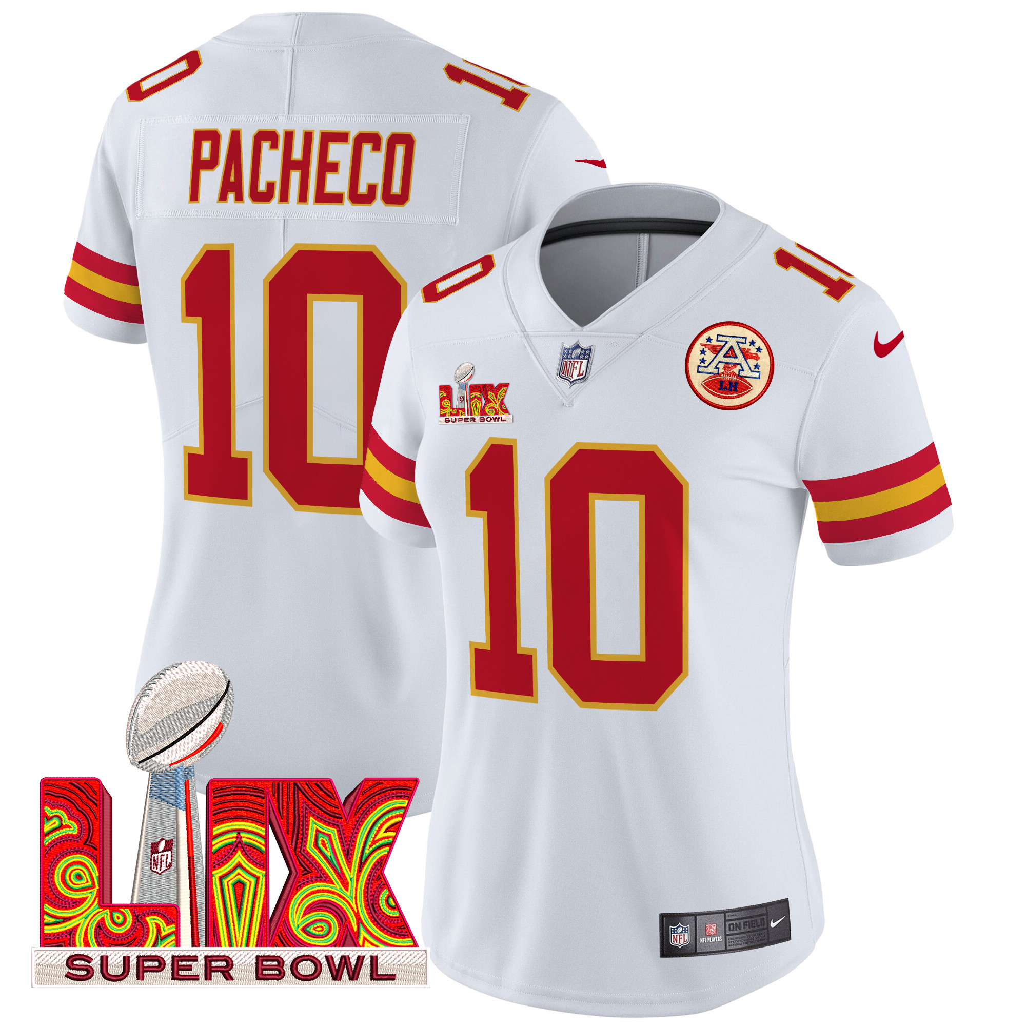 Women's Isiah Pacheco Kansas City Chiefs Super Bowl LIX Patch Vapor Limited White Jersey - All Stitched