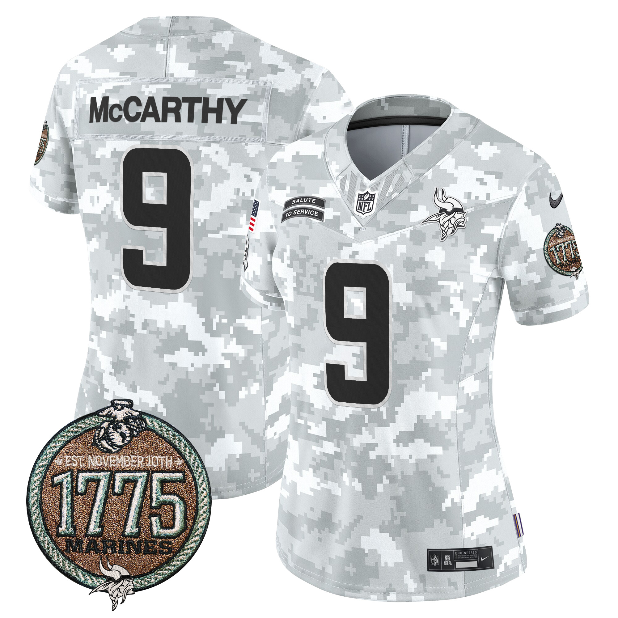 Women's J.J. McCarthy Minnesota Vikings 2024 Salute to Service Establishment Year Patch Vapor Limited Marines Jersey - All Stitched