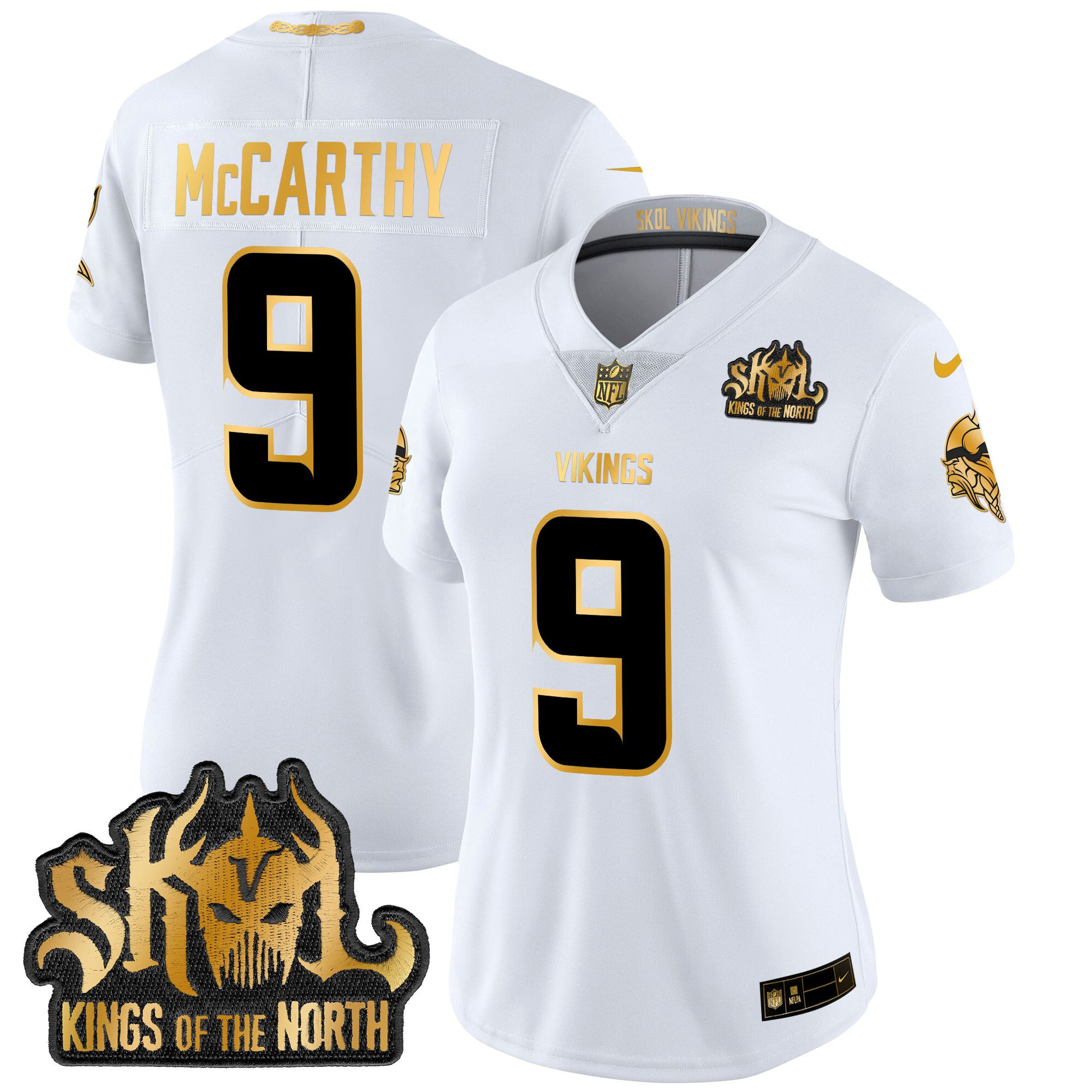 Women's J.J. McCarthy Minnesota Vikings 2024 Winter Warrior Skol Patch Gold Vapor Limited White Gold Jersey - All Stitched