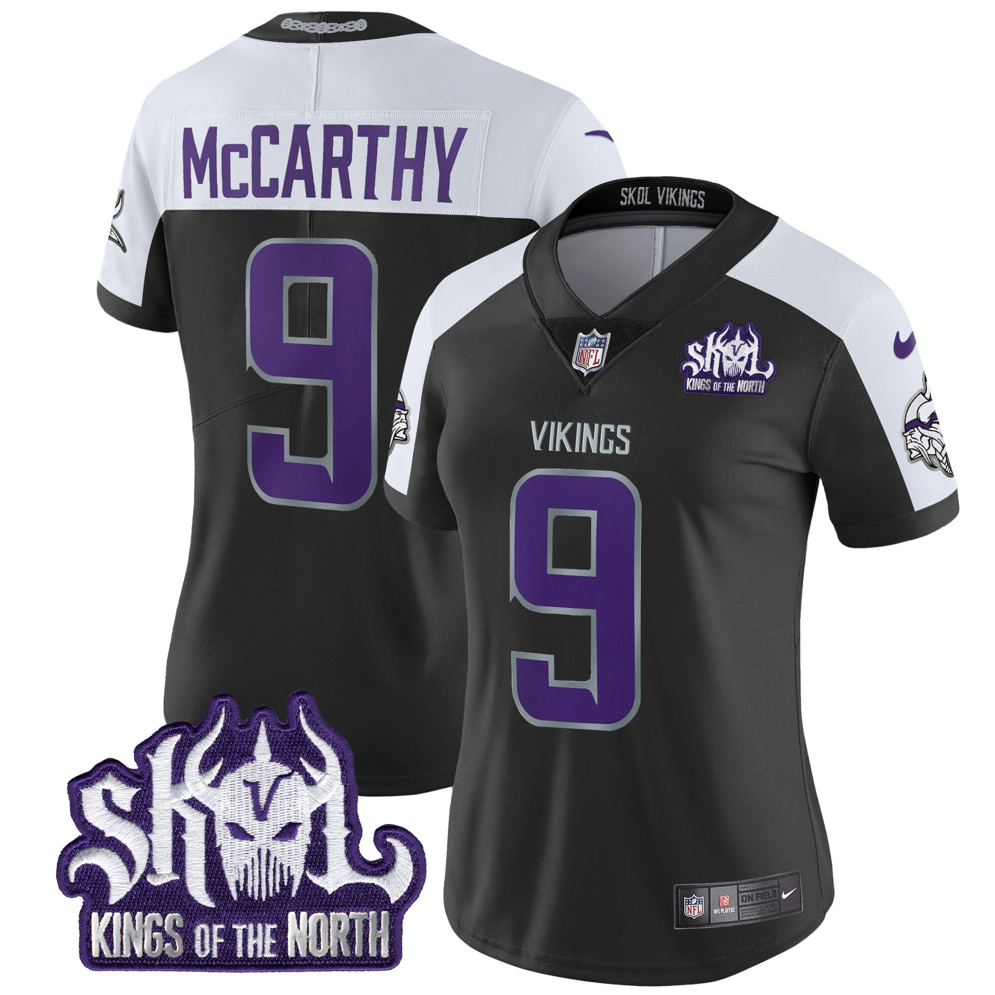 Women's J.J. McCarthy Minnesota Vikings 2024 Winter Warrior Skol Patch Vapor Limited Black Alternate Jersey - All Stitched