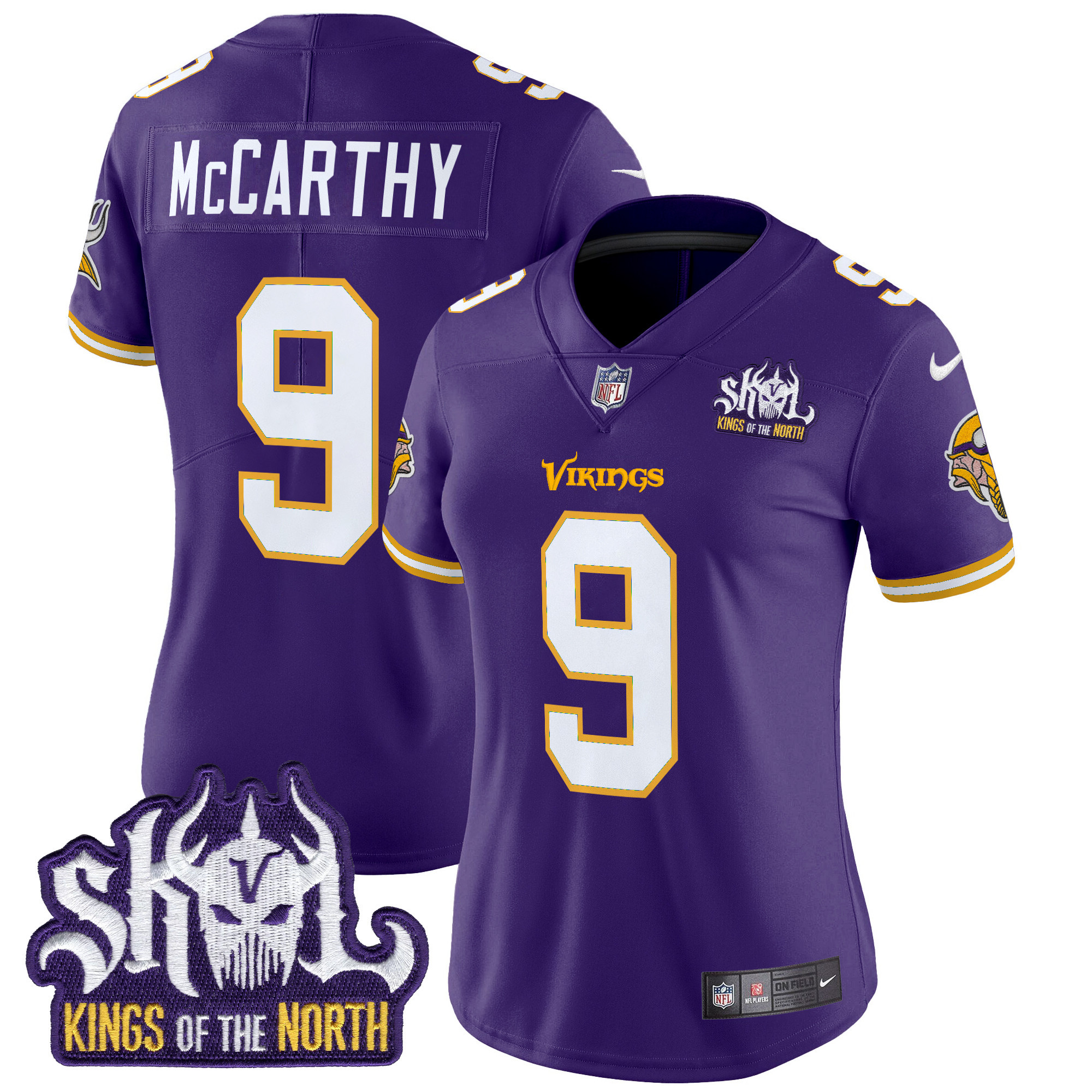 Women's J.J. McCarthy Minnesota Vikings King Of The North Patch Throwback Vapor Limited Purple Jersey - All Stitched