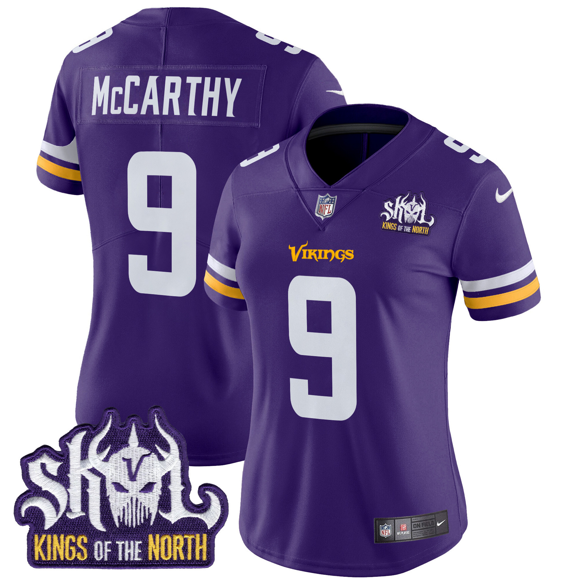 Women's J.J. McCarthy Minnesota Vikings Kings Of The North Patch Vapor Limited Purple Jersey - All Stitched