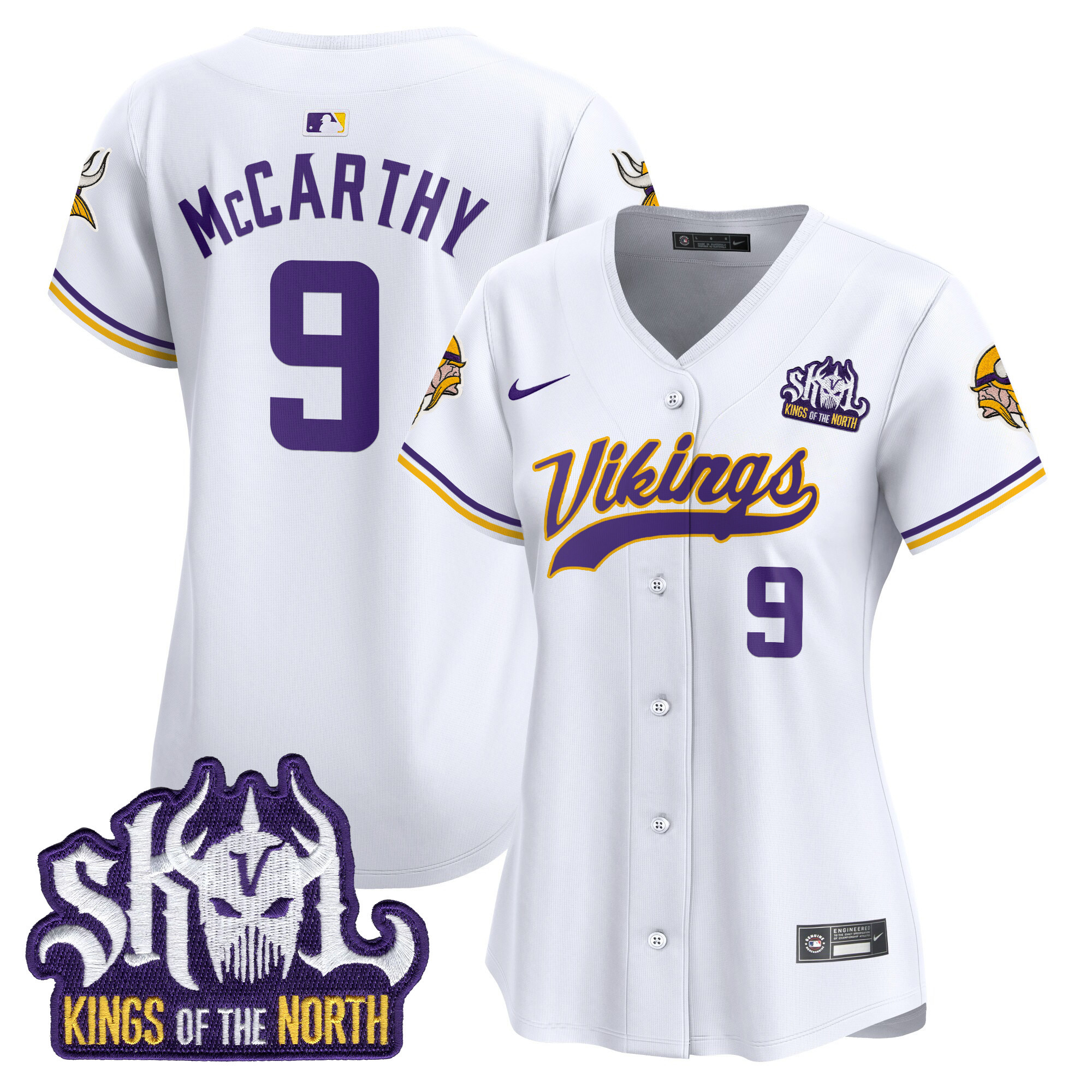 Women's J.J. McCarthy Minnesota Vikings Kings Of The North Patch Vapor Premier Limited White Jersey - All Stitched