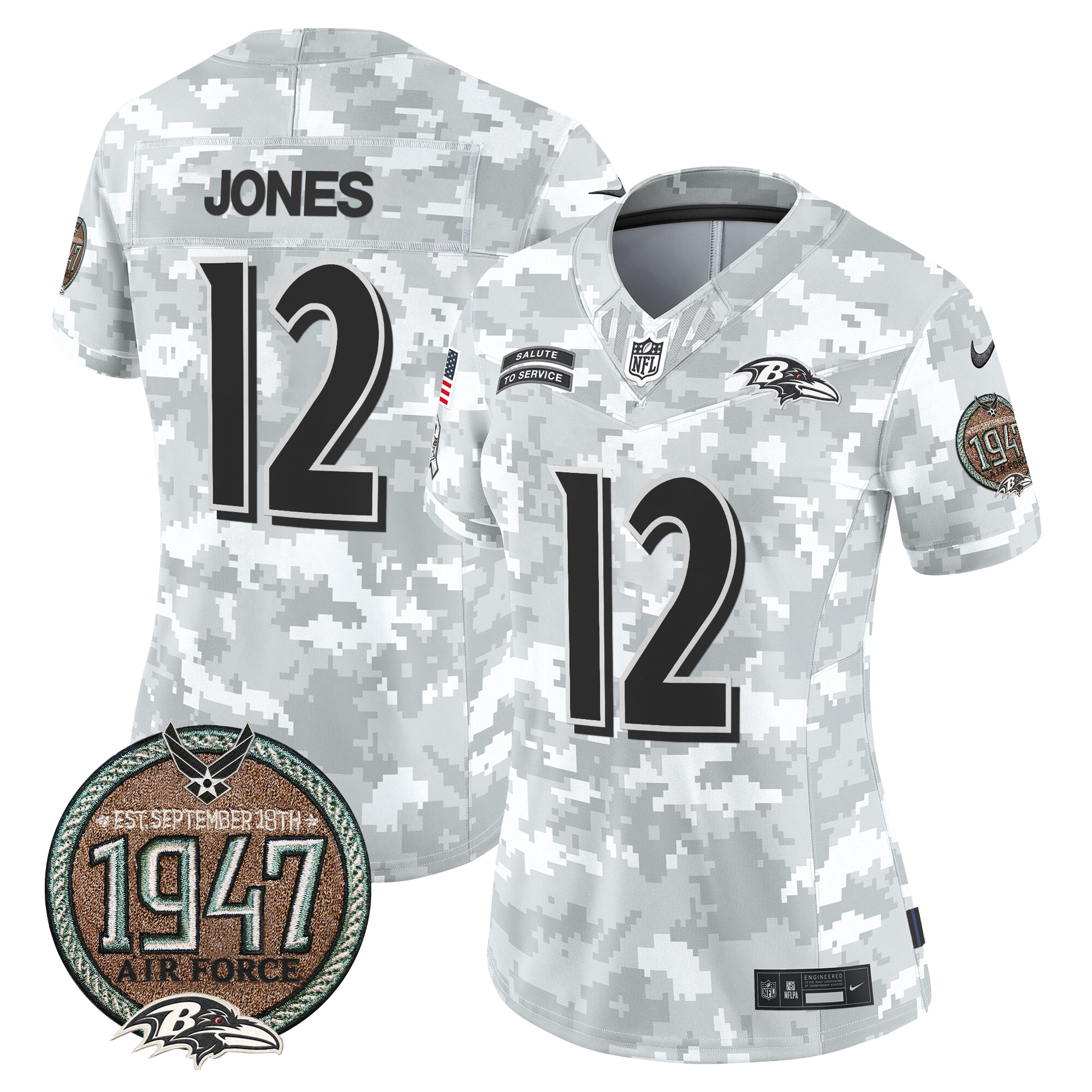 Women's Jacoby Jones Baltimore Ravens 2024 Salute to Service Establishment Year Patch Vapor Limited Air Force Jersey - All Stitched