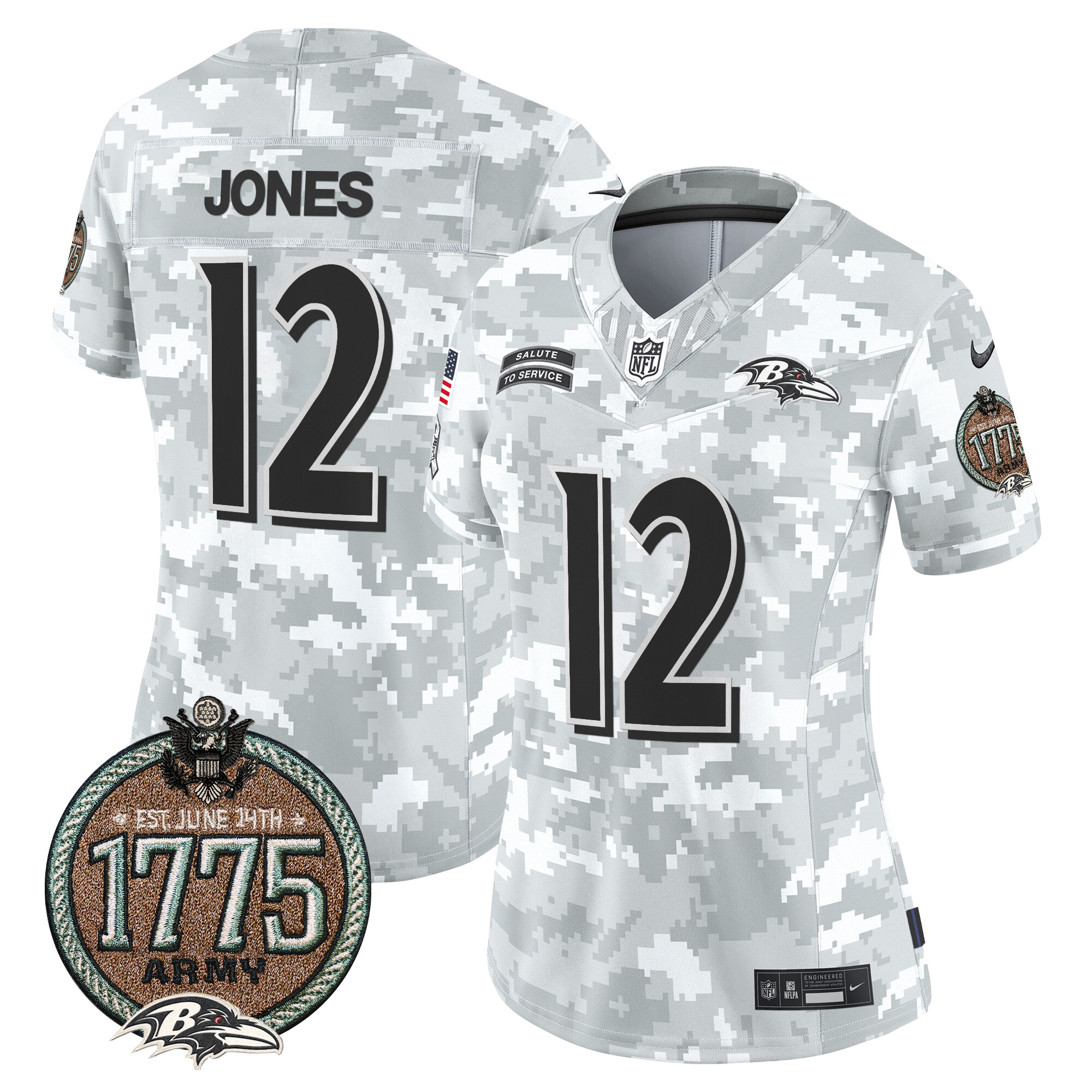 Women's Jacoby Jones Baltimore Ravens 2024 Salute to Service Establishment Year Patch Vapor Limited Army Jersey - All Stitched