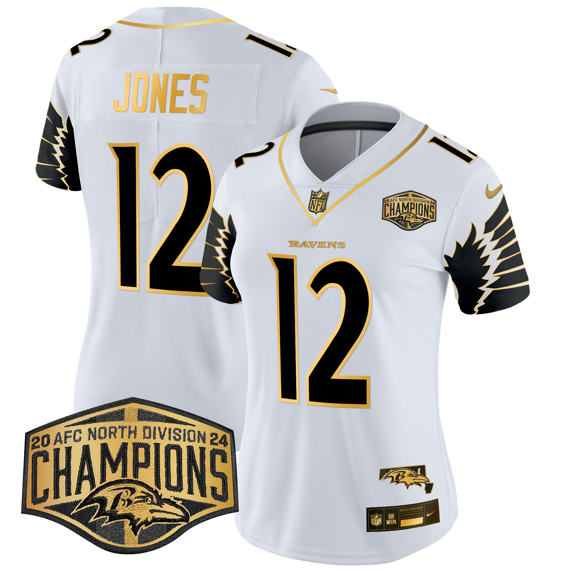 Women's Jacoby Jones Baltimore Ravens Maryland 2024 AFC North Division Champions Patch Gold Vapor Limited White Gold Jersey - All Stitched