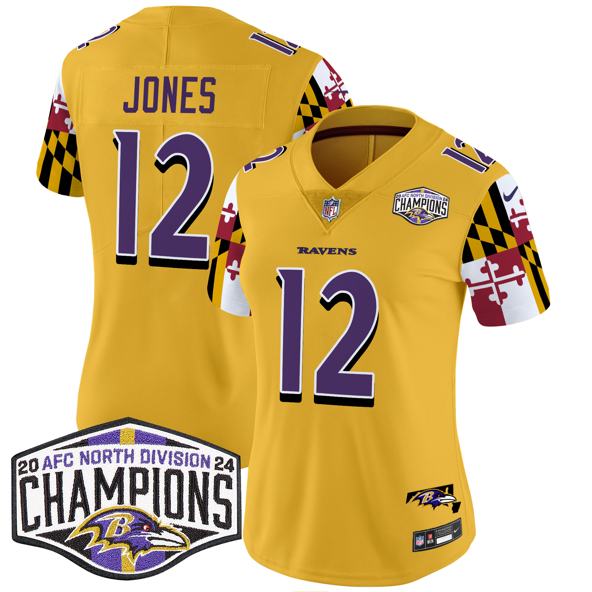 Women's Jacoby Jones Baltimore Ravens Maryland Flag 2024 AFC North Division Champions Patch Vapor Limited Gold Jersey - All Stitched