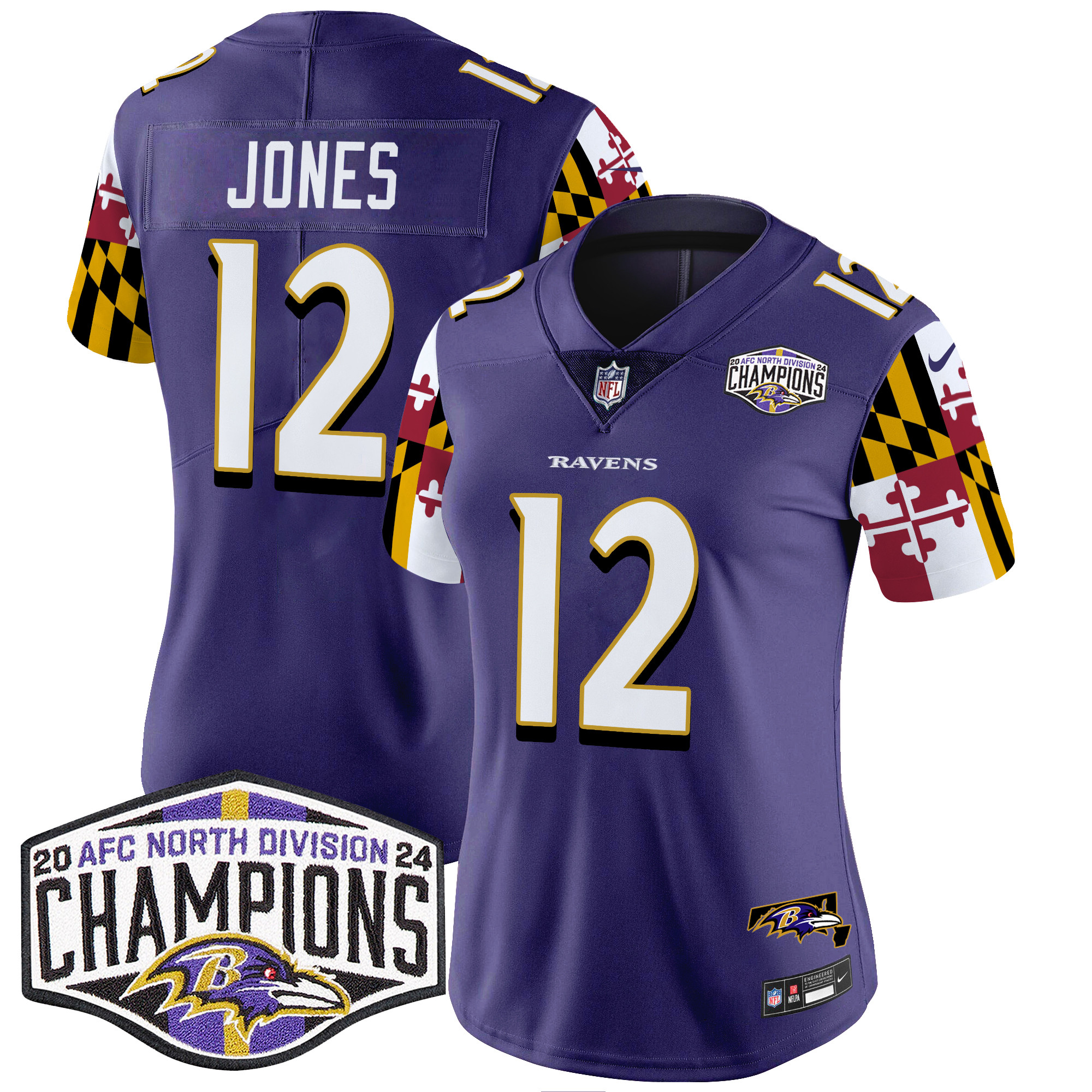 Women's Jacoby Jones Baltimore Ravens Maryland Flag 2024 AFC North Division Champions Patch Vapor Limited Purple Jersey - All Stitched