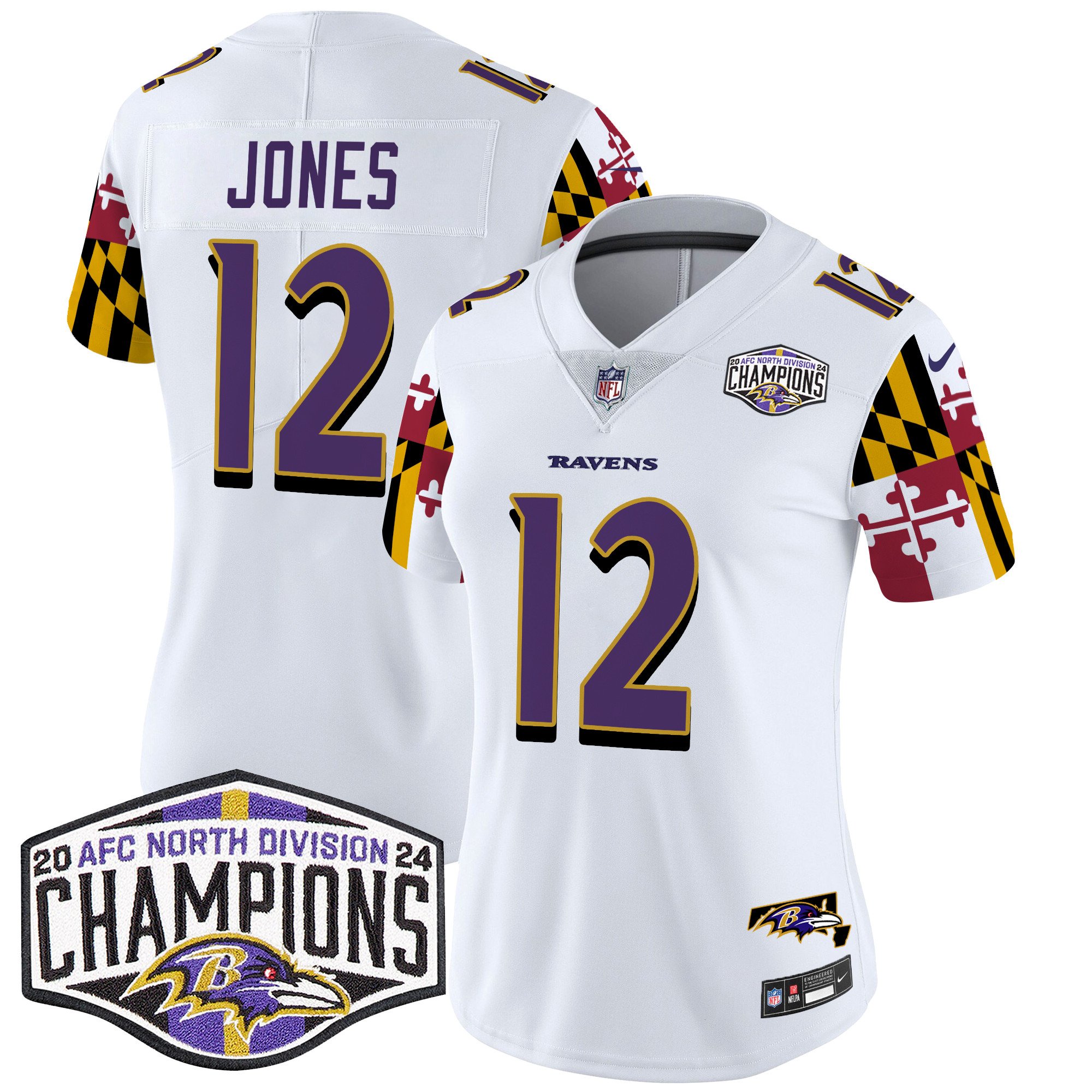 Women's Jacoby Jones Baltimore Ravens Maryland Flag 2024 AFC North Division Champions Patch Vapor Limited White Jersey - All Stitched