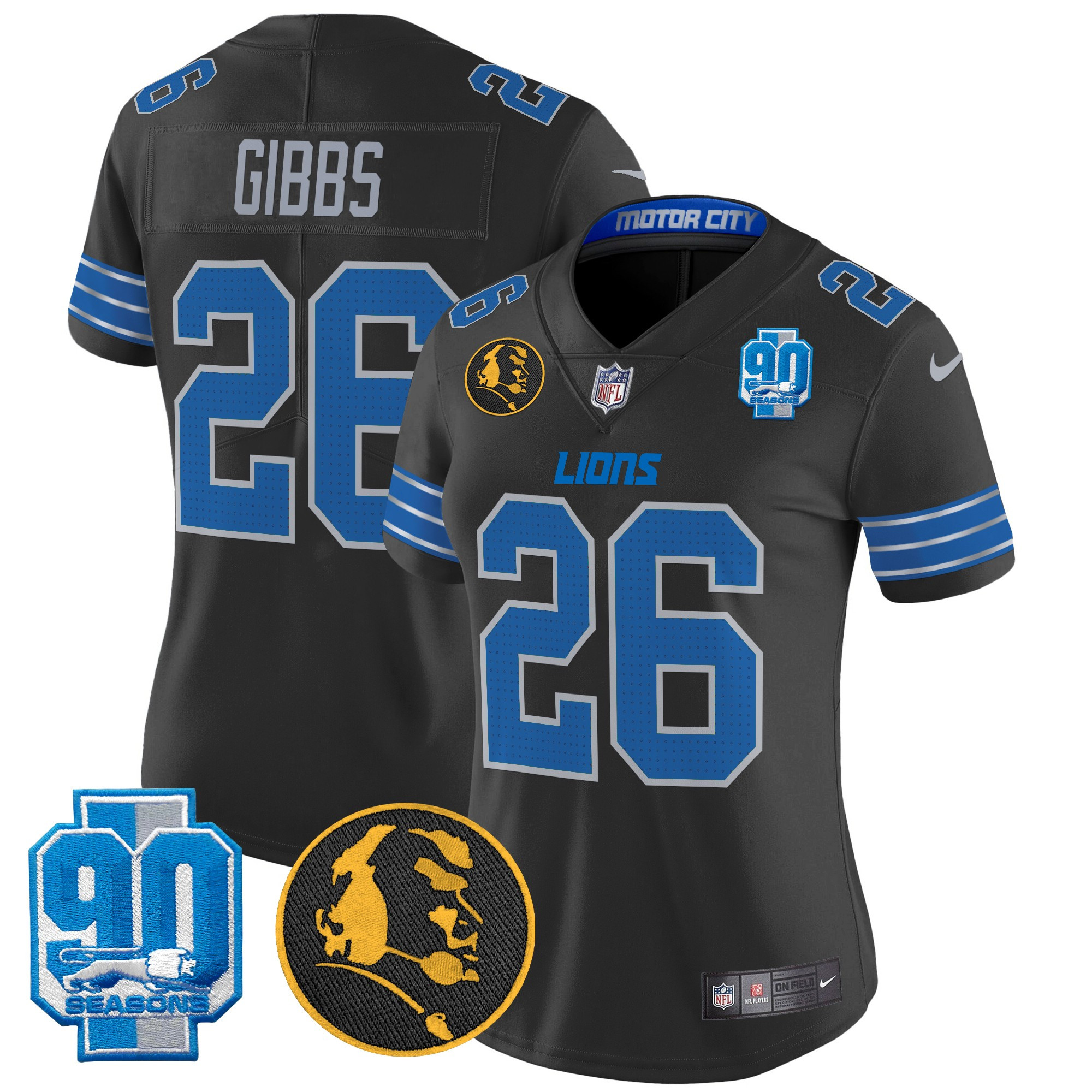 Women's Jahmyr Gibbs Detroit Lions 2024 90th & John Madden Patch Vapor Limited Black Jersey - All Stitched