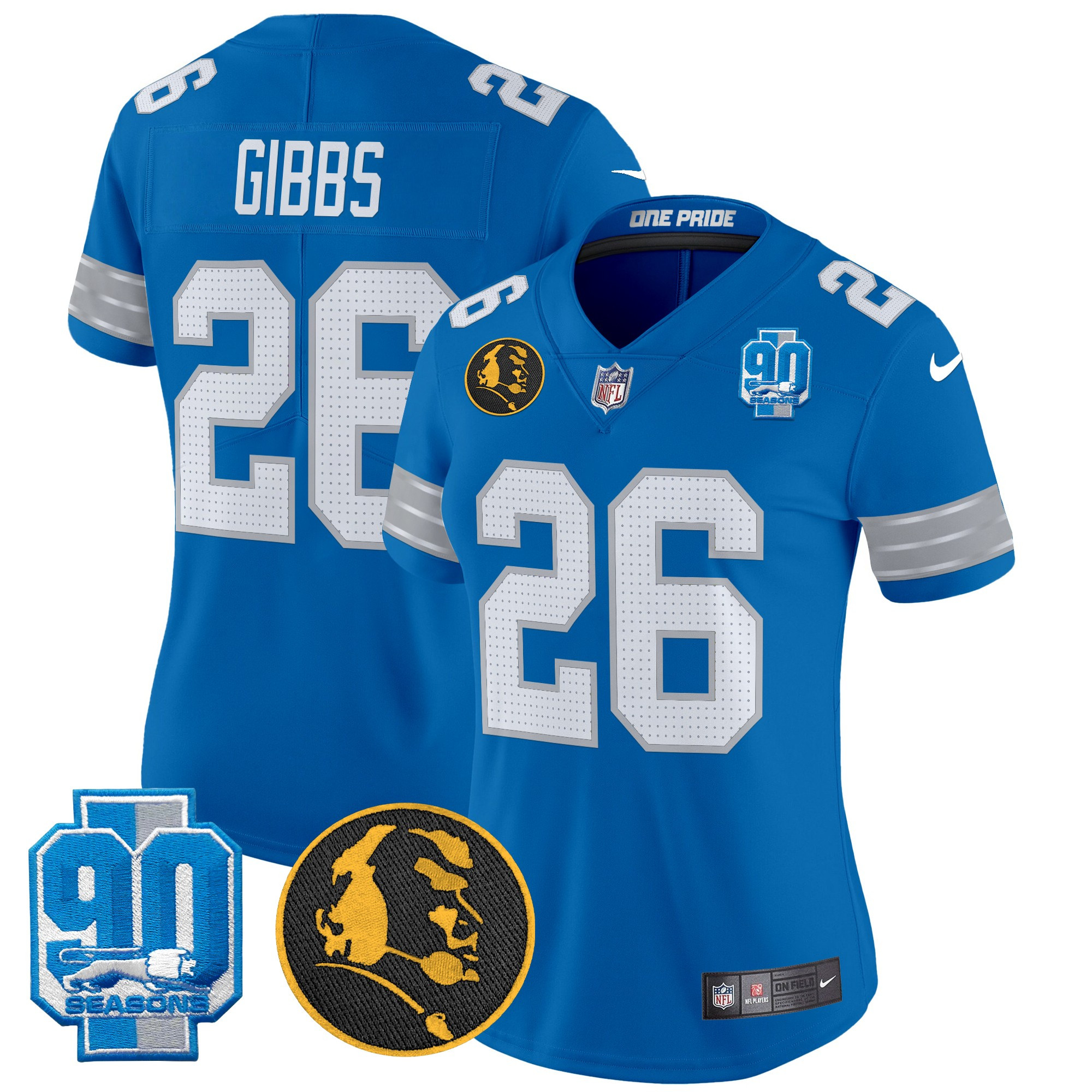 Women's Jahmyr Gibbs Detroit Lions 2024 90th & John Madden Patch Vapor Limited Blue Jersey - All Stitched