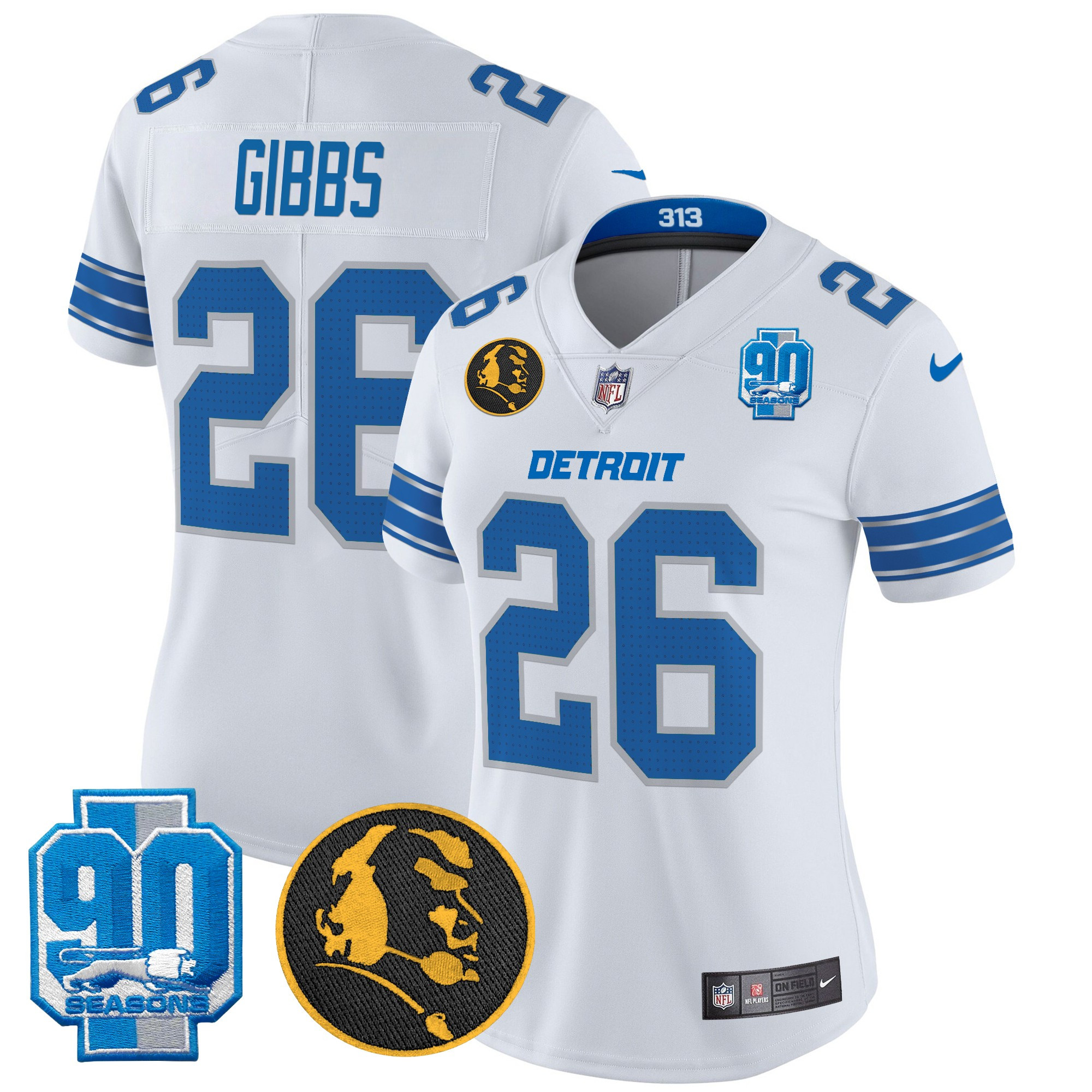 Women's Jahmyr Gibbs Detroit Lions 2024 90th & John Madden Patch Vapor Limited White Jersey - All Stitched