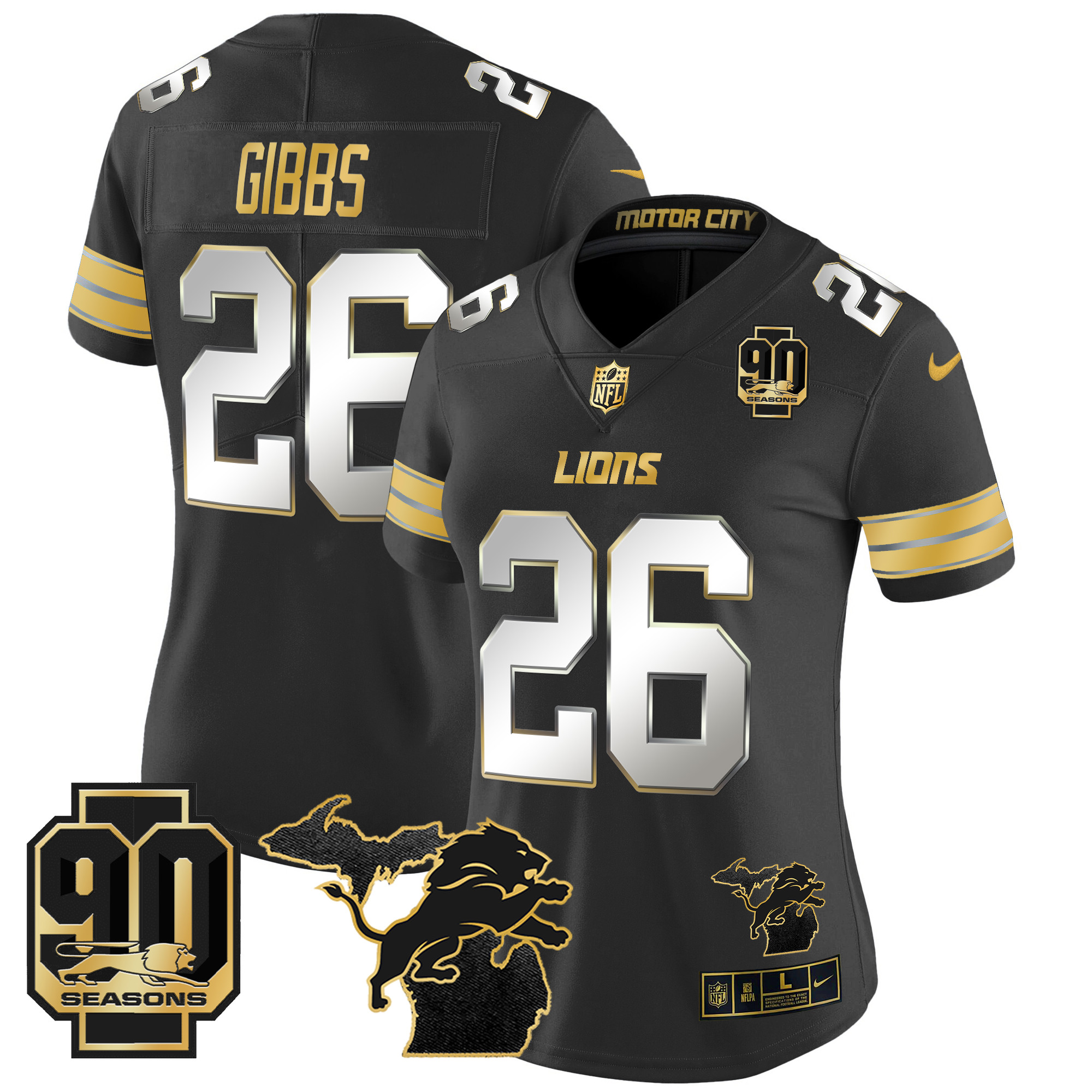 Women's Jahmyr Gibbs Detroit Lions 2024 Michigan & 90th Year Patch Gold Vapor Limited Black Limited Jersey - All Stitched