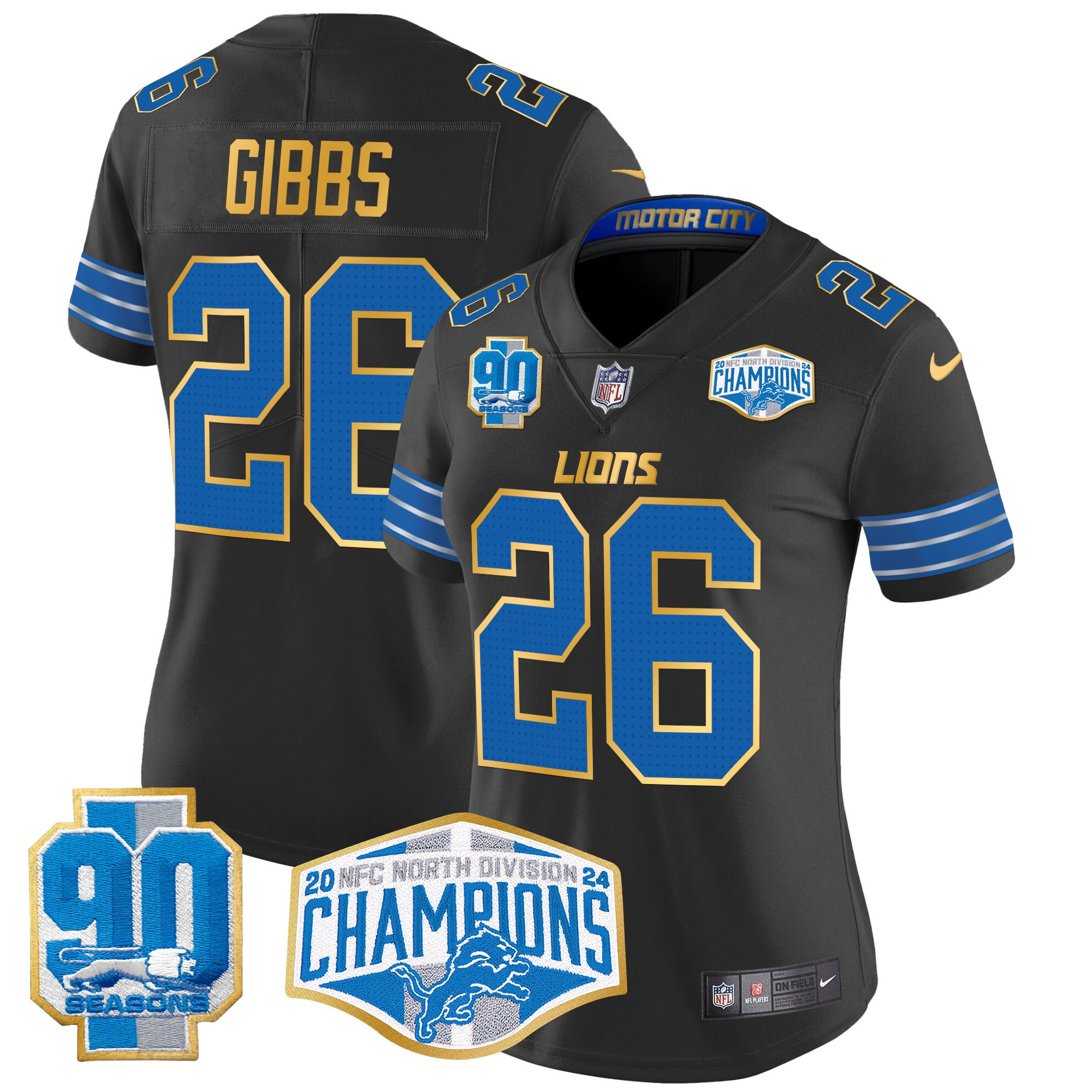 Women's Jahmyr Gibbs Detroit Lions 2024 NFC North Division Champions Patch Gold Trim Vapor Limited Black Jersey - All Stitched