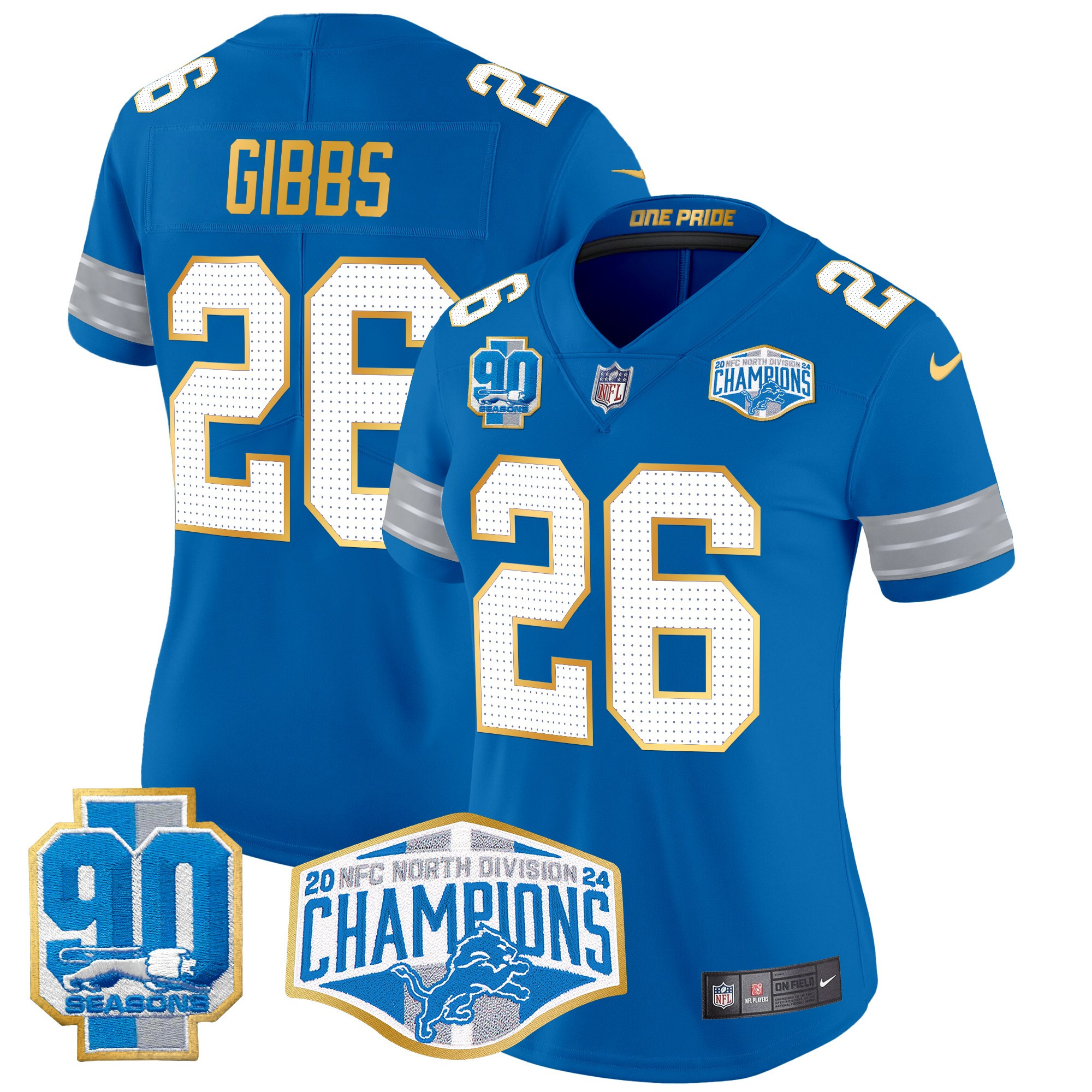 Women's Jahmyr Gibbs Detroit Lions 2024 NFC North Division Champions Patch Gold Trim Vapor Limited Blue Jersey - All Stitched