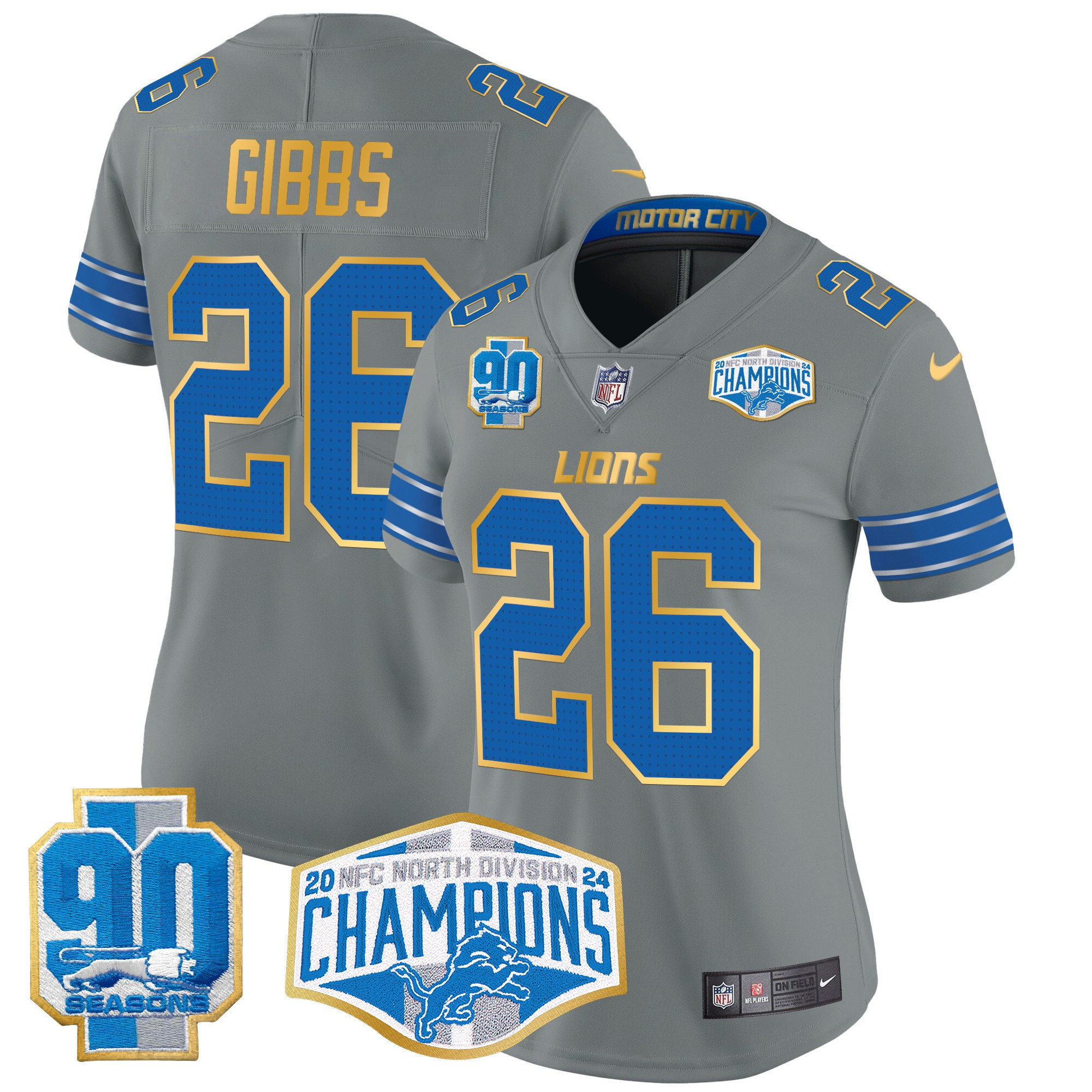 Women's Jahmyr Gibbs Detroit Lions 2024 NFC North Division Champions Patch Gold Trim Vapor Limited Gray Jersey - All Stitched