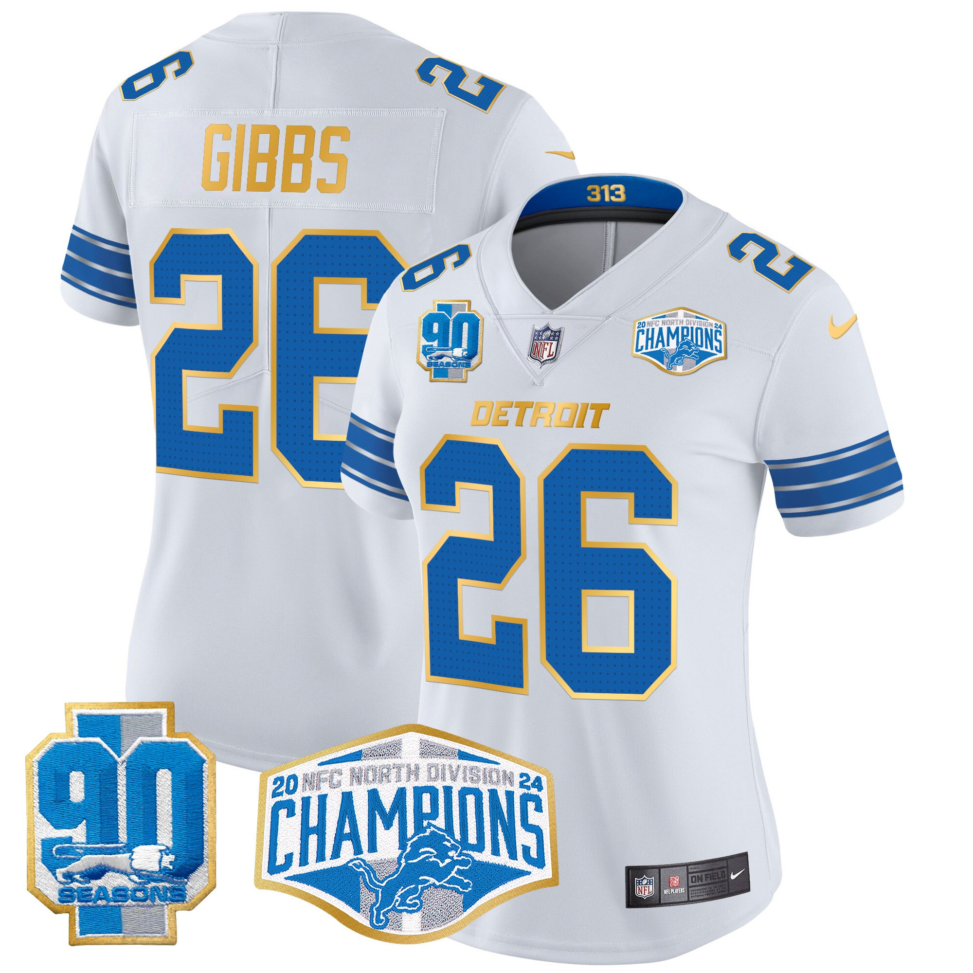 Women's Jahmyr Gibbs Detroit Lions 2024 NFC North Division Champions Patch Gold Trim Vapor Limited White Jersey - All Stitched