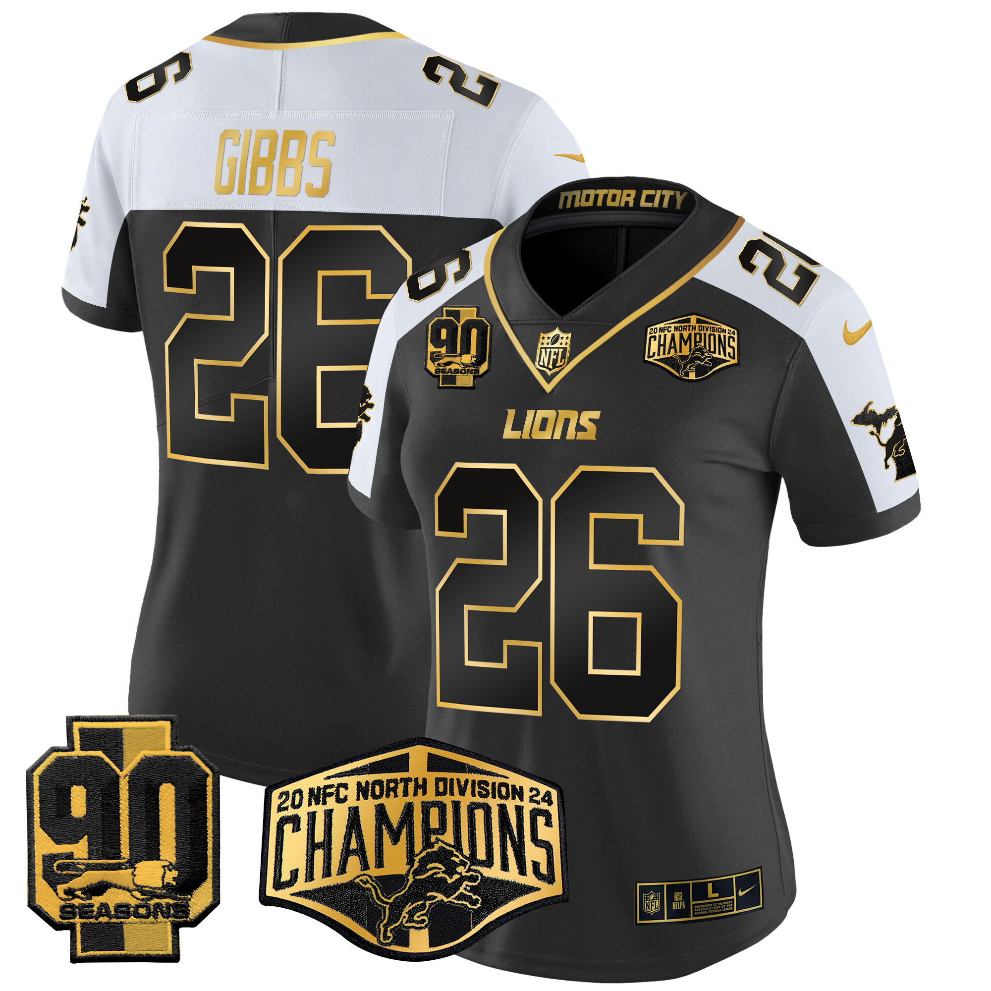 Women's Jahmyr Gibbs Detroit Lions 2024 NFC North Division Champions Patch Gold Vapor Limited Alternate Jersey - All Stitched