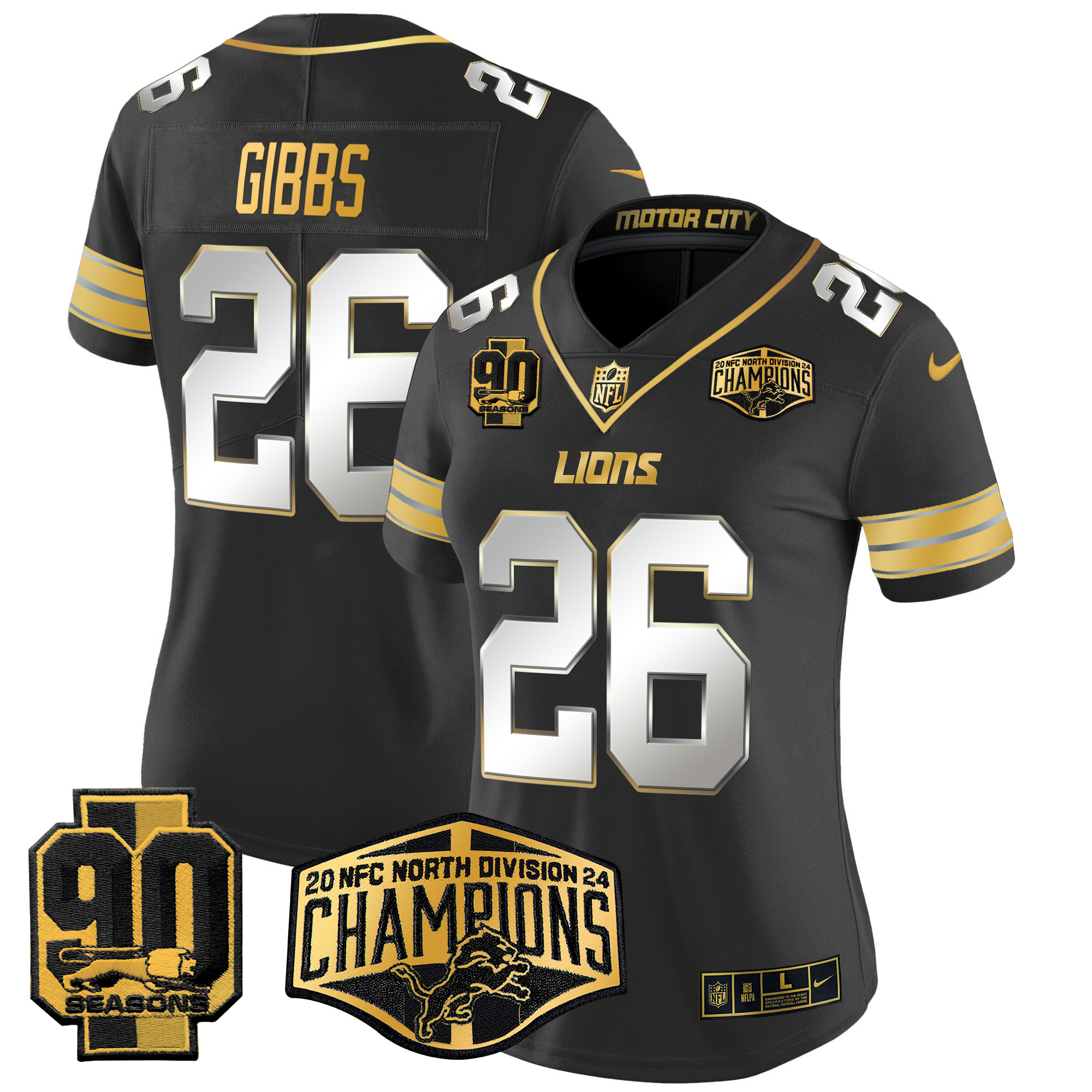 Women's Jahmyr Gibbs Detroit Lions 2024 NFC North Division Champions Patch Gold Vapor Limited Black Limited Jersey - All Stitched
