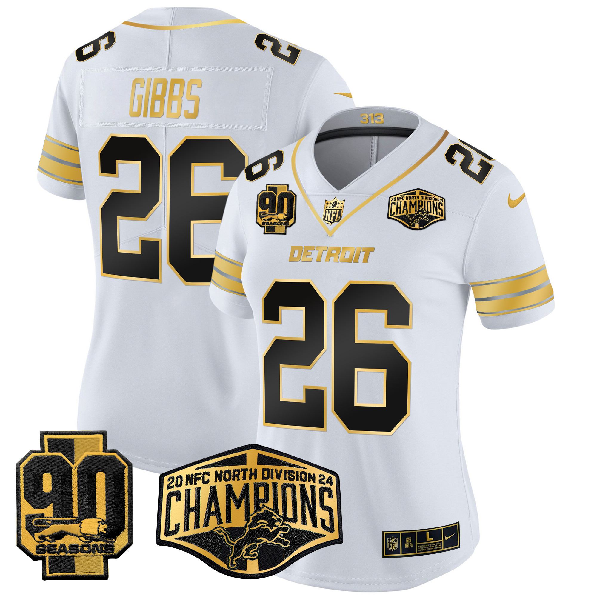Women's Jahmyr Gibbs Detroit Lions 2024 NFC North Division Champions Patch Gold Vapor Limited White Gold Jersey - All Stitched